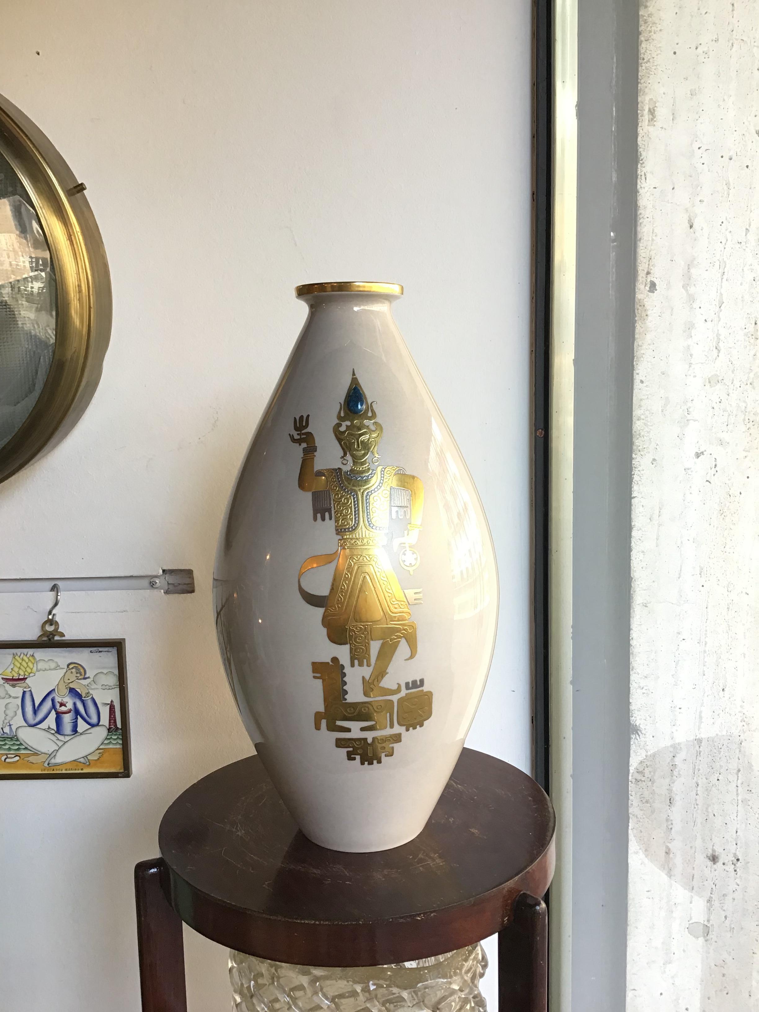Finzi Vase 1950 Porcelain Gold, Italy In Excellent Condition For Sale In Milano, IT