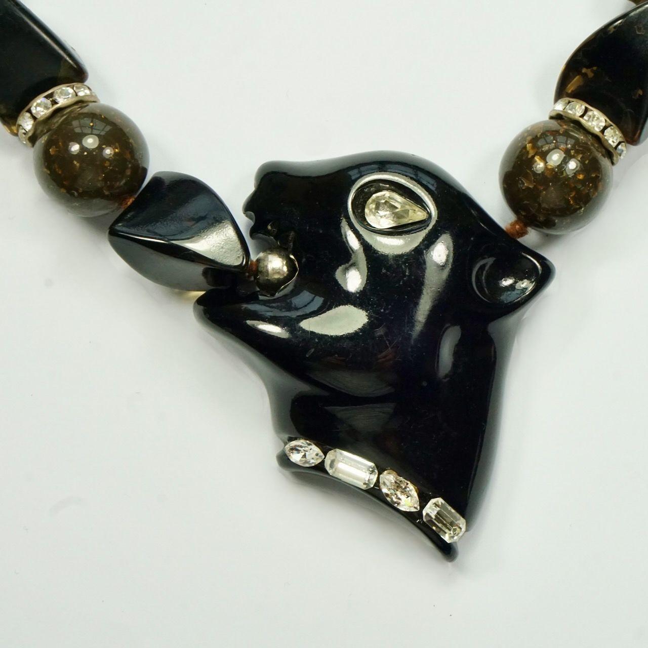 Fiocchi Italy Black Panther and Brown Resin Bead Necklace For Sale 1