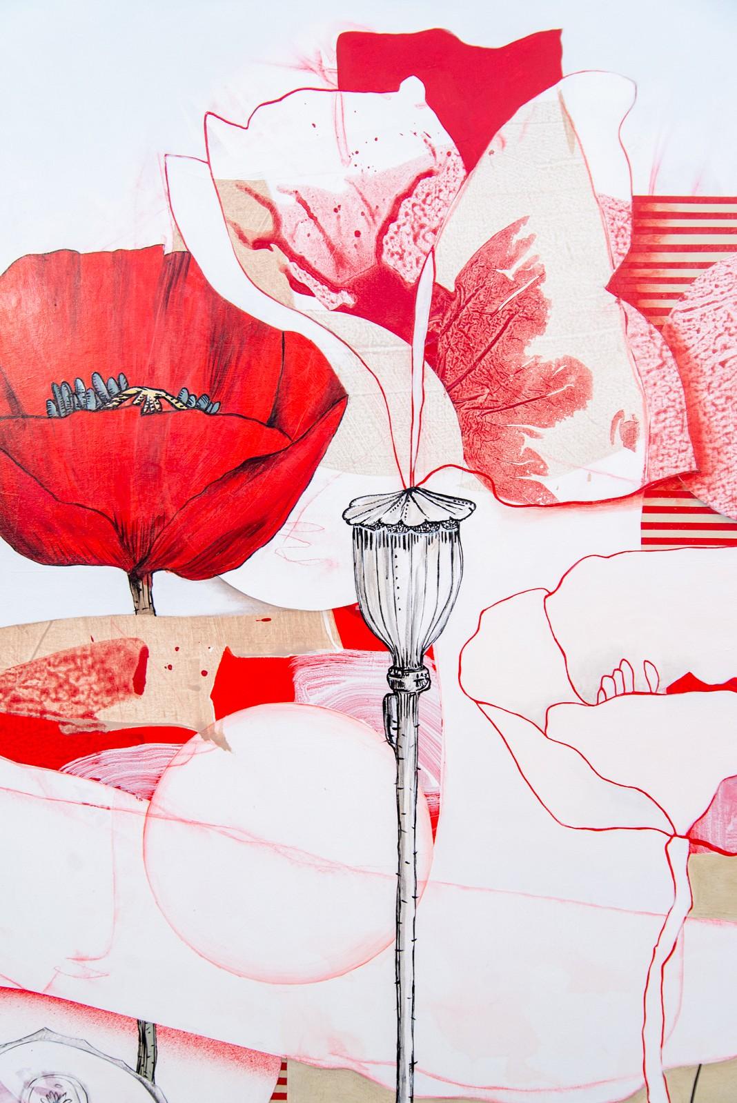 Carmine - vivace, narrativa, sovrapposizioni botaniche, acrilico, olio su tela - Figurative Painting Grigio di Fiona Ackerman
