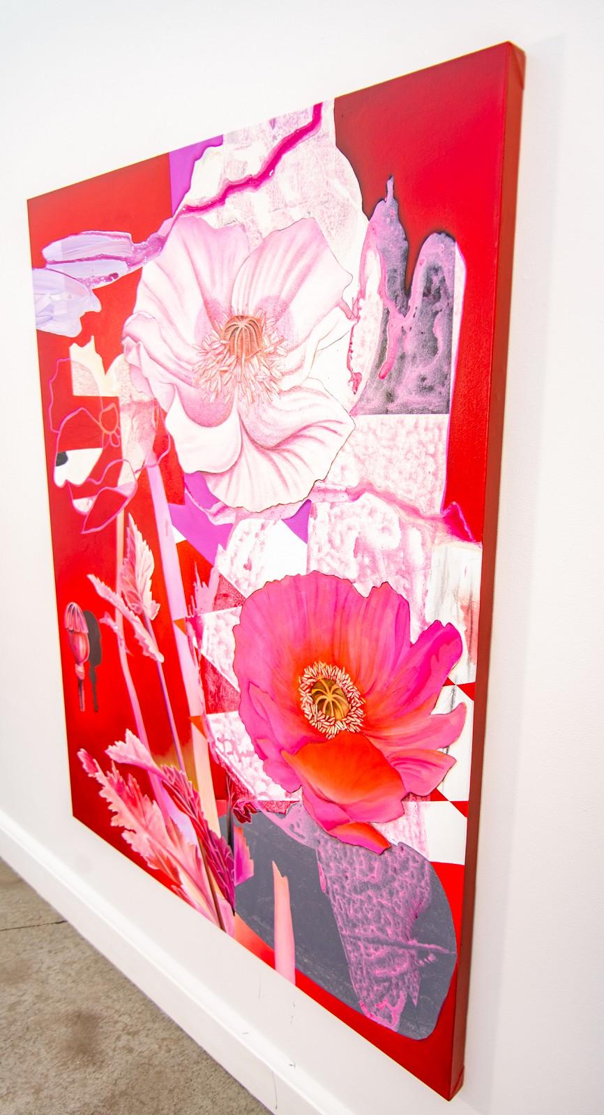 Flor de ensueño - vivos, fuscia, botánicos superpuestos, acrílico, óleo sobre lienzo - Painting Contemporáneo de Fiona Ackerman