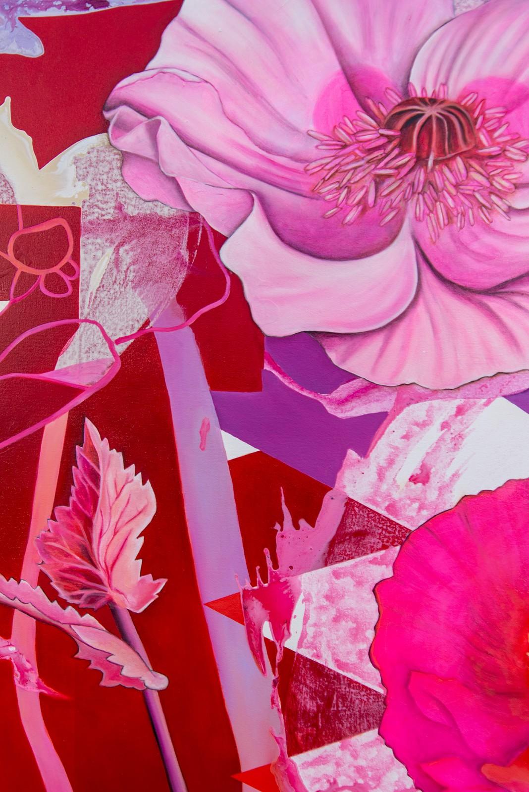 Dream Flower - lively, fuscia, overlapping botanicals, acrylic, oil on canvas - Contemporary Painting by Fiona Ackerman