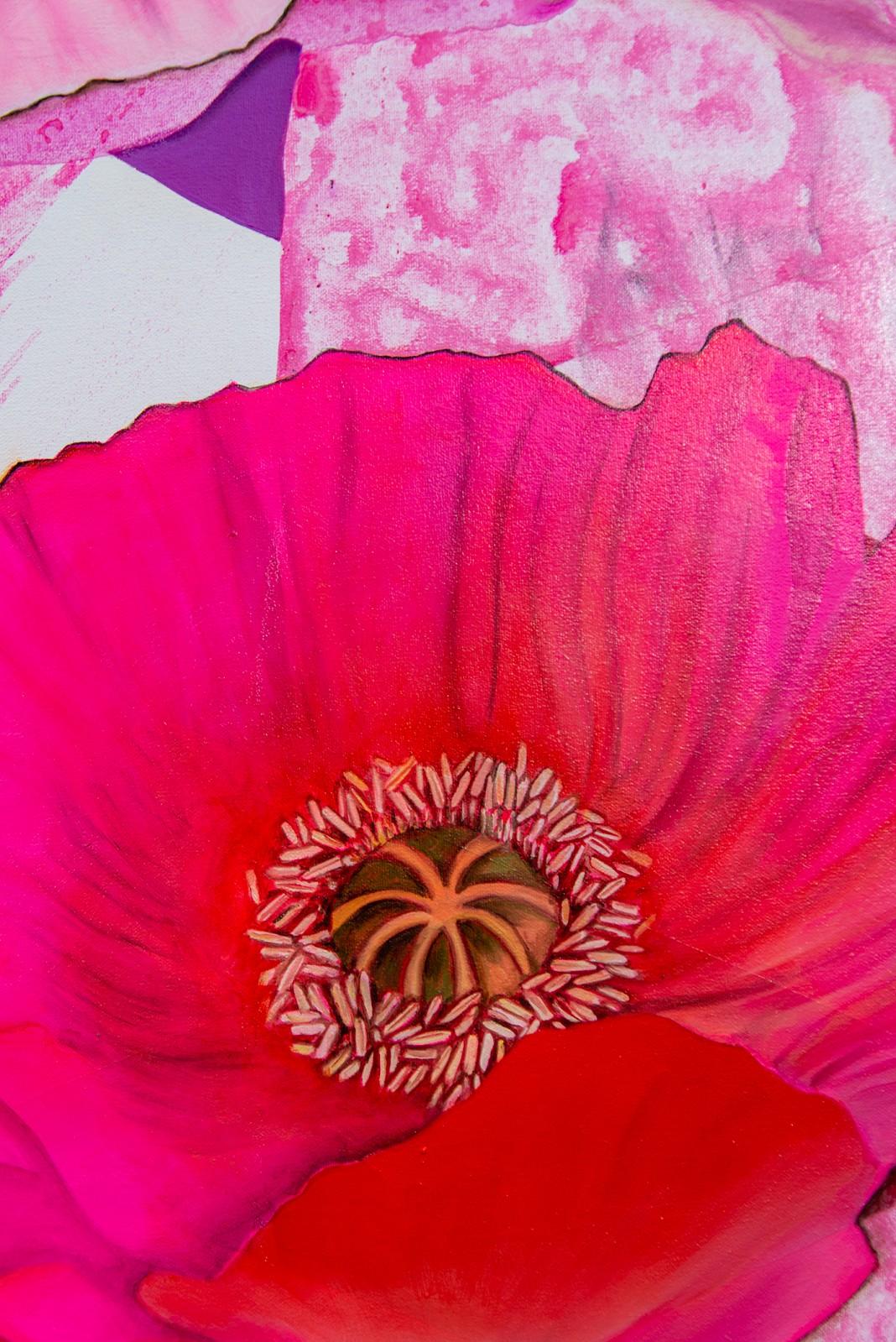 Dream Flower - lively, fuscia, overlapping botanicals, acrylic, oil on canvas - Red Still-Life Painting by Fiona Ackerman