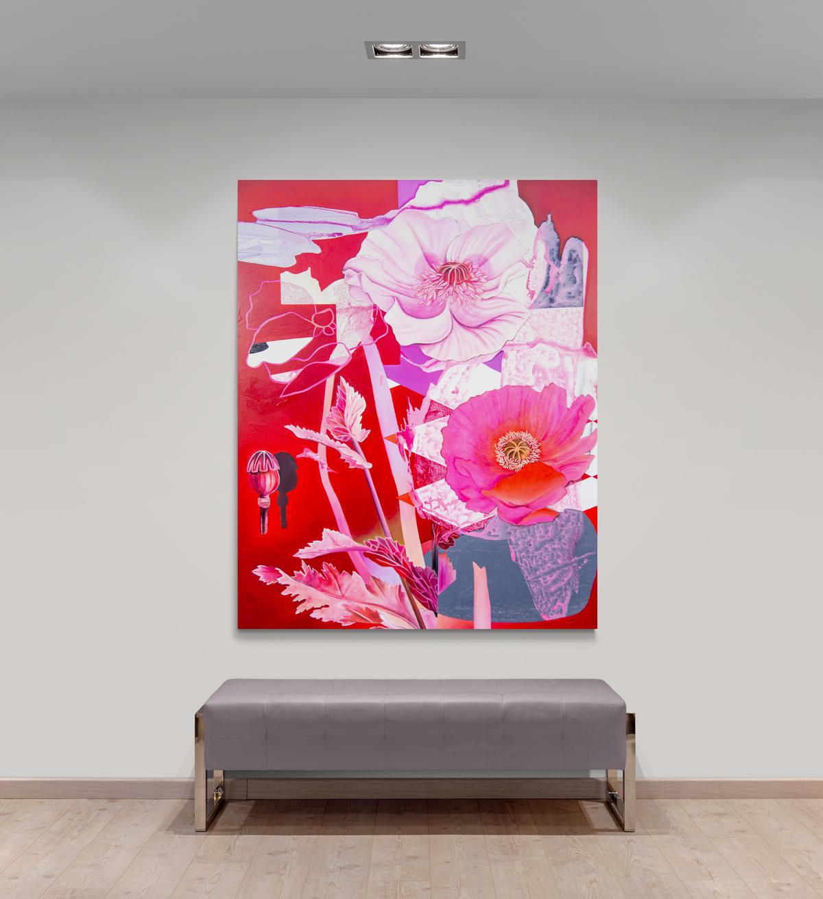 With Dream Flower, Fiona Ackerman has painted a gorgeous ethereal abstract arrangement of brilliant pink, purple, mauve, orange flowers and organic shapes against a background of vibrant red. The Vancouver-based artist was inspired to create a new