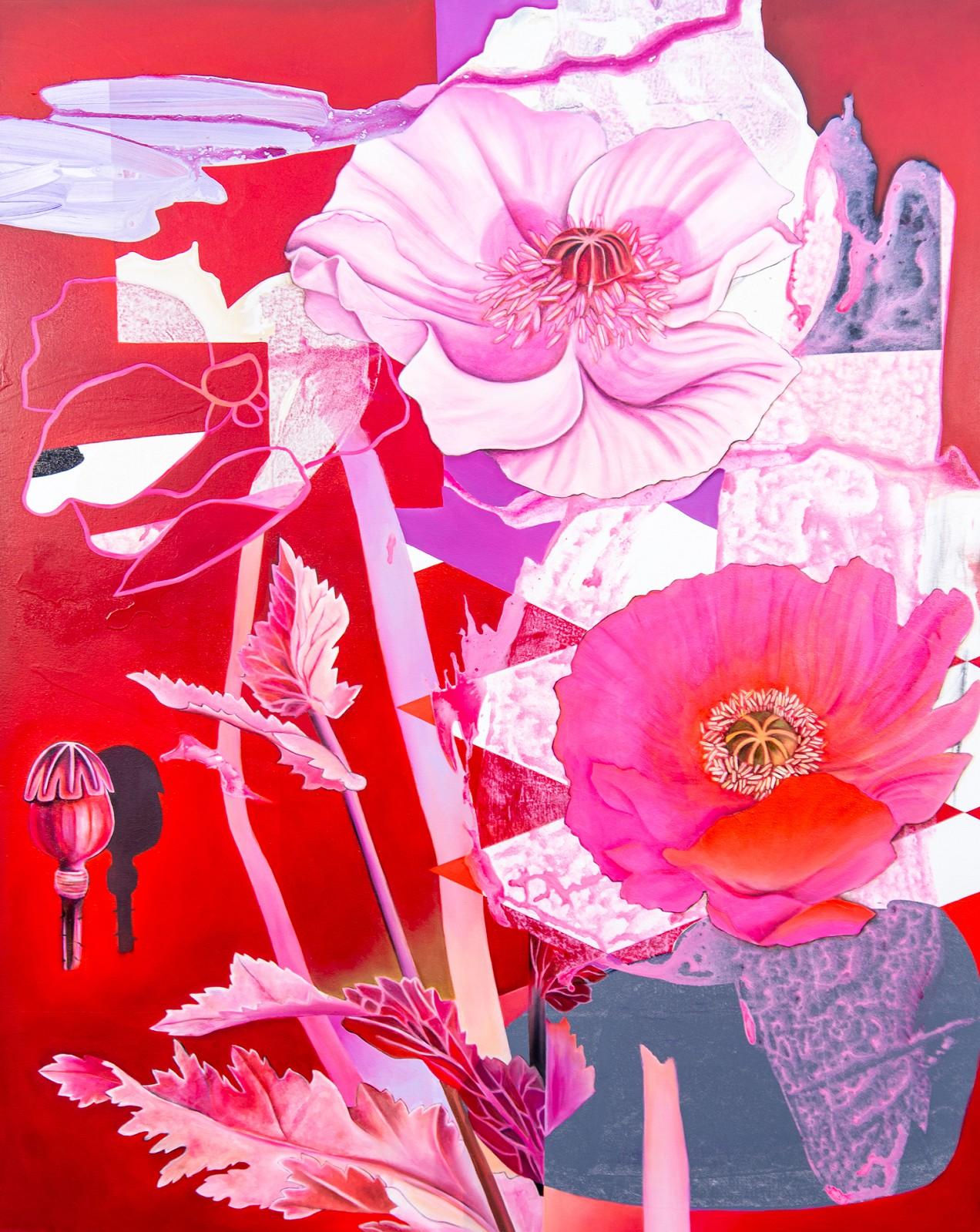 Flor de ensueño - vivos, fuscia, botánicos superpuestos, acrílico, óleo sobre lienzo