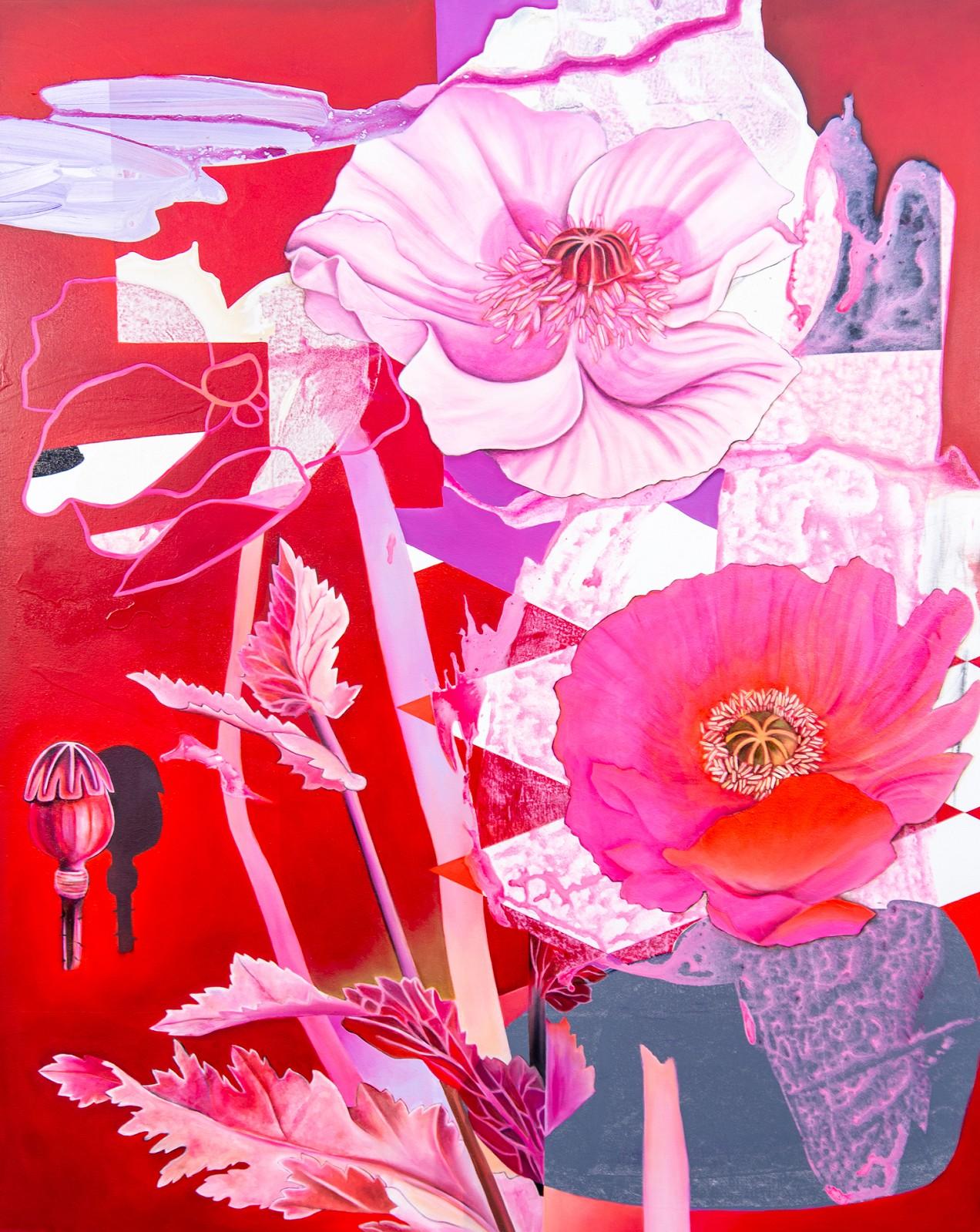 Fiona Ackerman Still-Life Painting - Dream Flower - lively, fuscia, overlapping botanicals, acrylic, oil on canvas