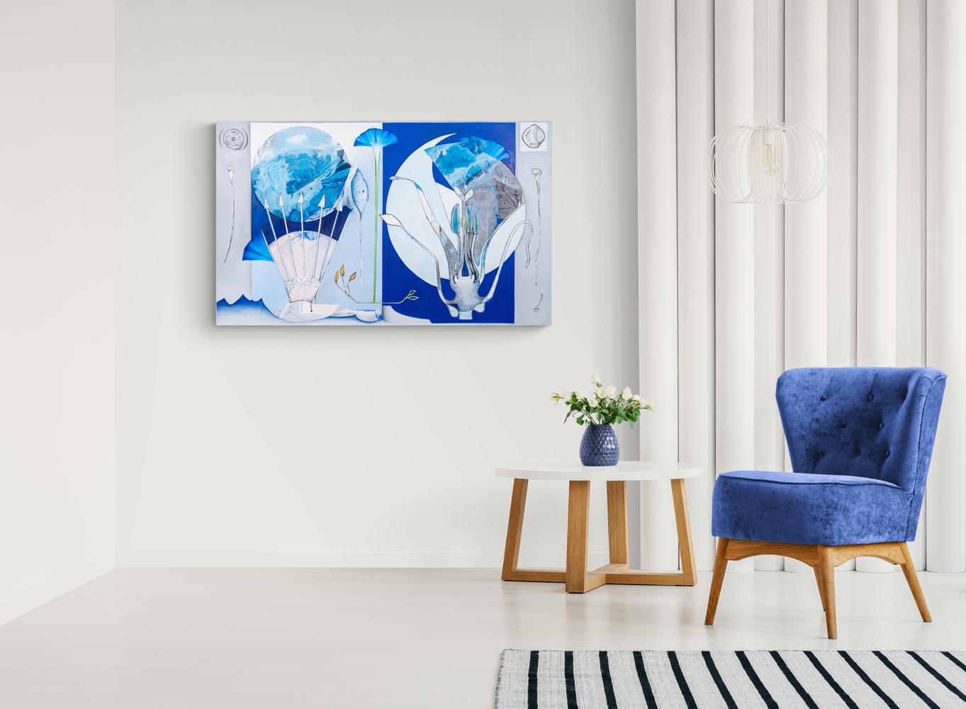 Moon Flower - lively, narrative, overlapping botanicals, acrylic, oil on canvas - Blue Still-Life Painting by Fiona Ackerman