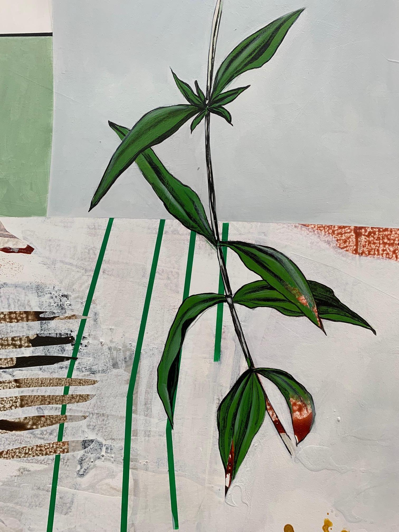 This contemporary, abstract, pastel coloured painting, explores botanical research illustrations by layering and collaging various elements like foliage, and geometric shapes.

Fiona Ackerman’s work is diverse in style, it is deeply rooted in the