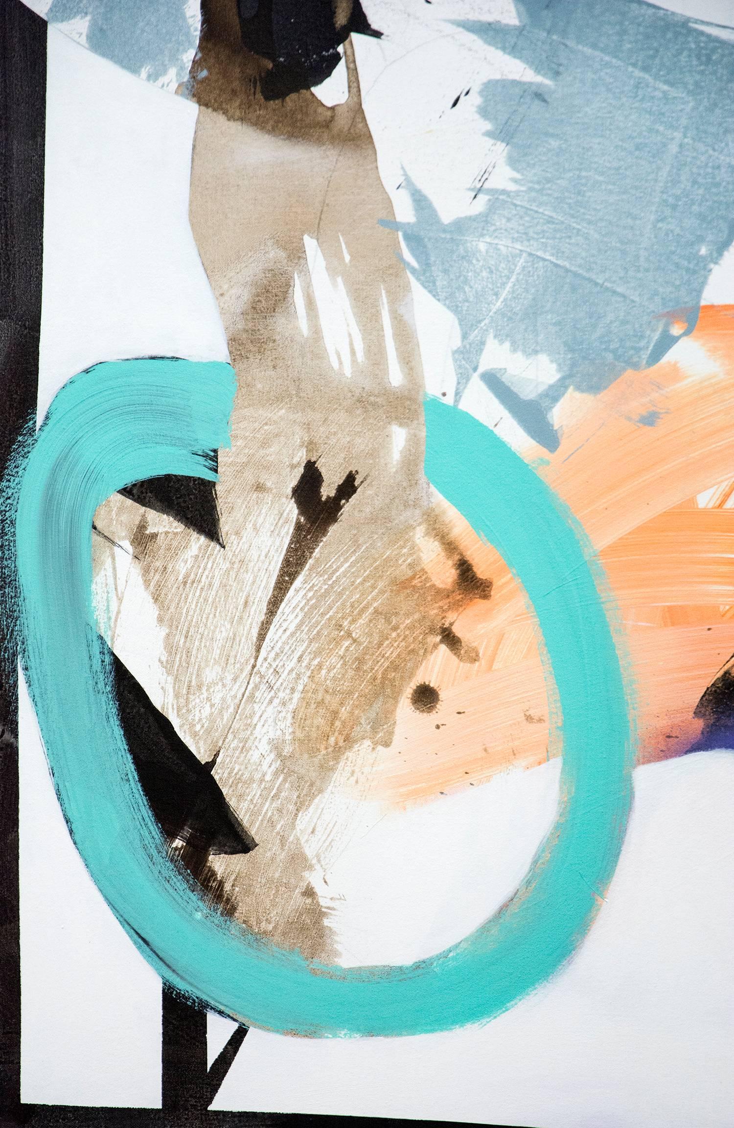 Out of the Woods - Botanicals & shapes in turquoise, orange, black and white - Abstract Painting by Fiona Ackerman