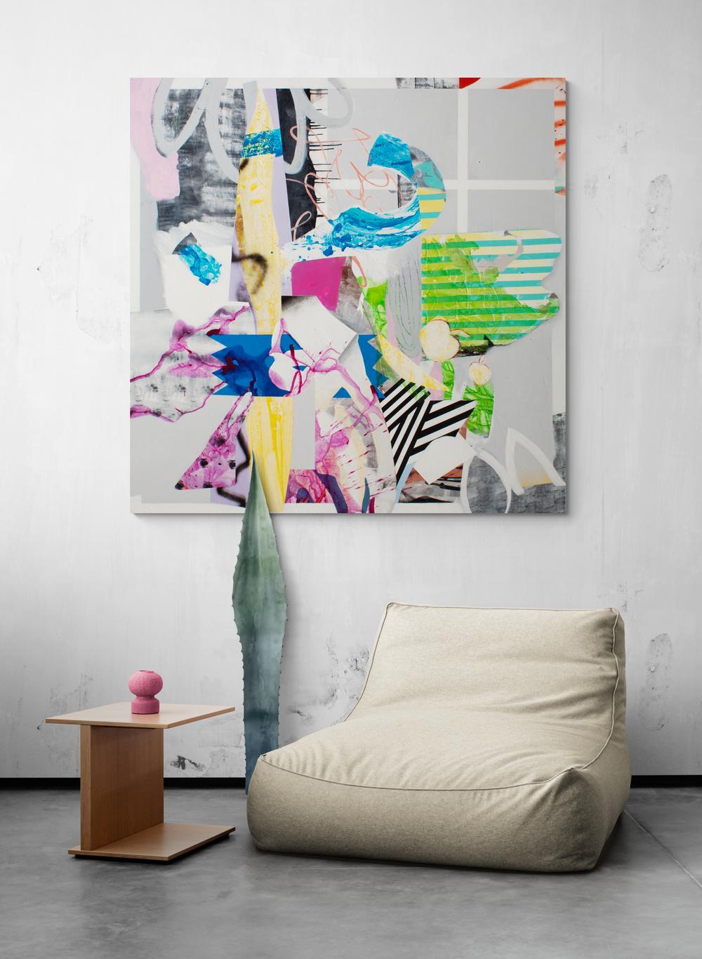 Through integrated and vigorous passages of acrylic that are brushed, sprayed, stenciled and shaped, Ackerman deconstructs the idea of a house interior. This lively and colorful collage composition in cerise, canary, lime green and black is a