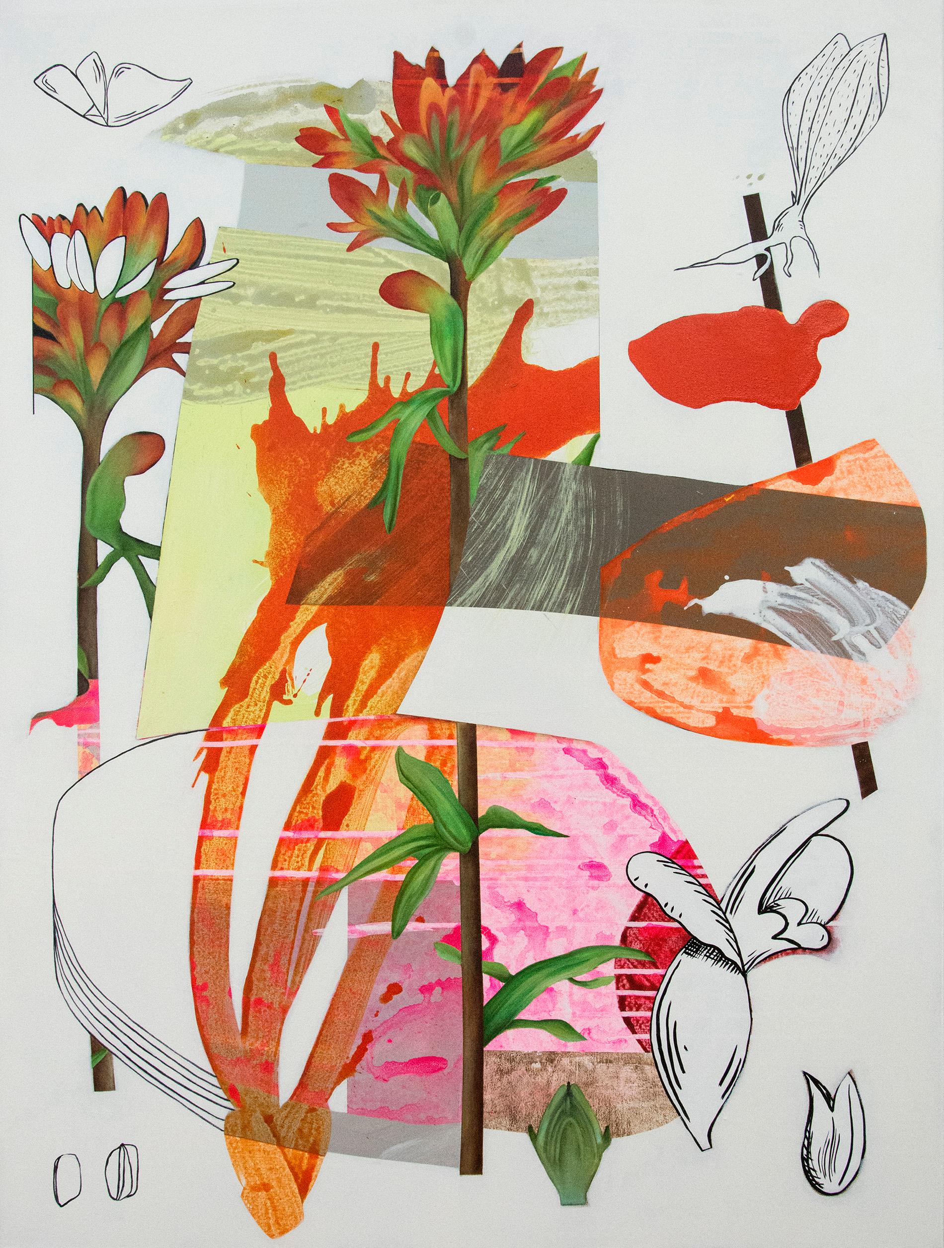 Scarlet Cup - lively, narrative, overlapping botanicals, acrylic, oil on canvas - Contemporary Painting by Fiona Ackerman