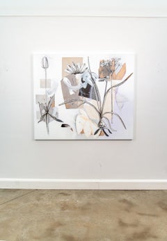 Silver - lively, narrative, overlapping botanicals, acrylic, oil on canvas
