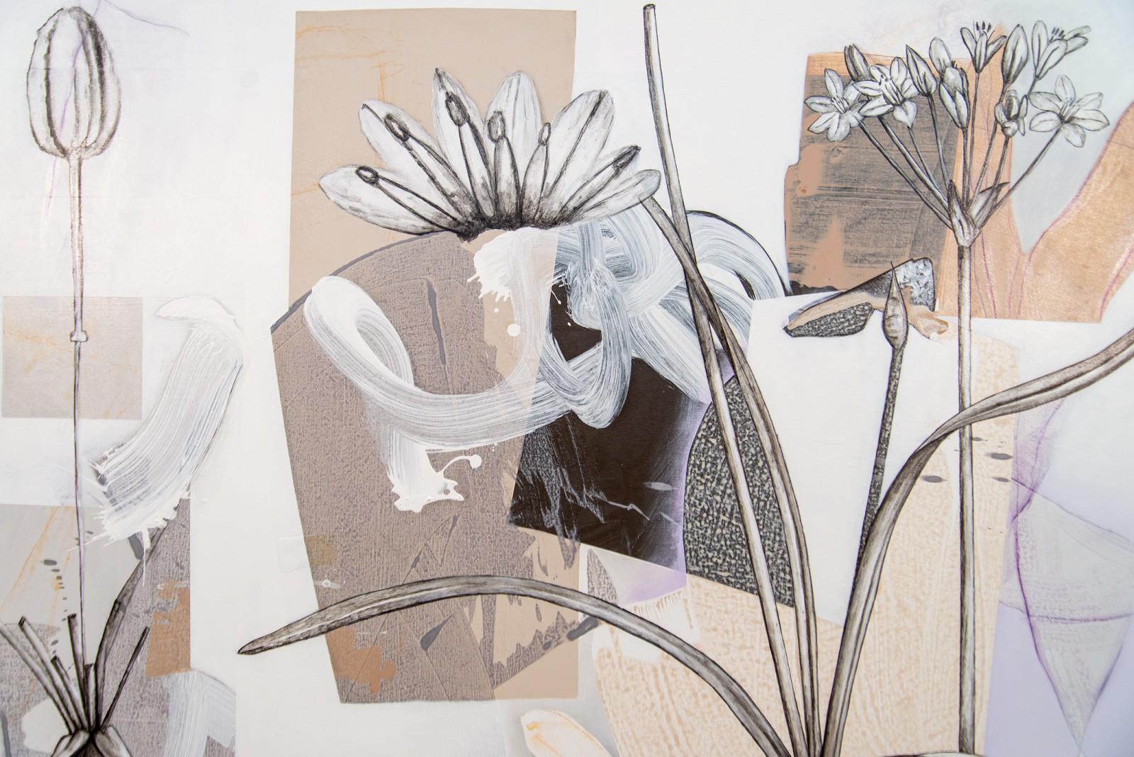 Silver - lively, narrative, overlapping botanicals, acrylic, oil on canvas - Contemporary Painting by Fiona Ackerman