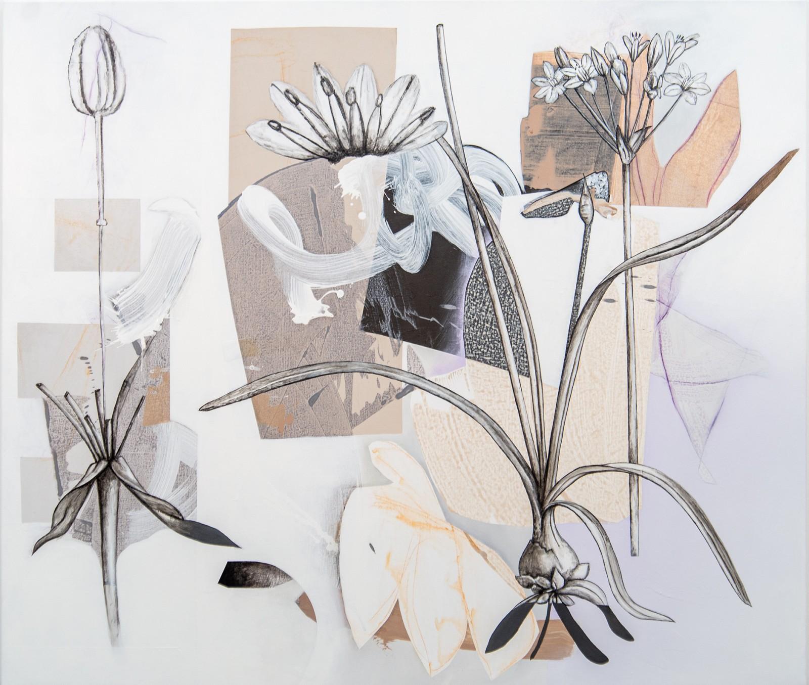 Fiona Ackerman Figurative Painting - Silver - lively, narrative, overlapping botanicals, acrylic, oil on canvas