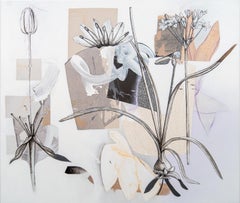 Silver - lively, narrative, overlapping botanicals, acrylic, oil on canvas