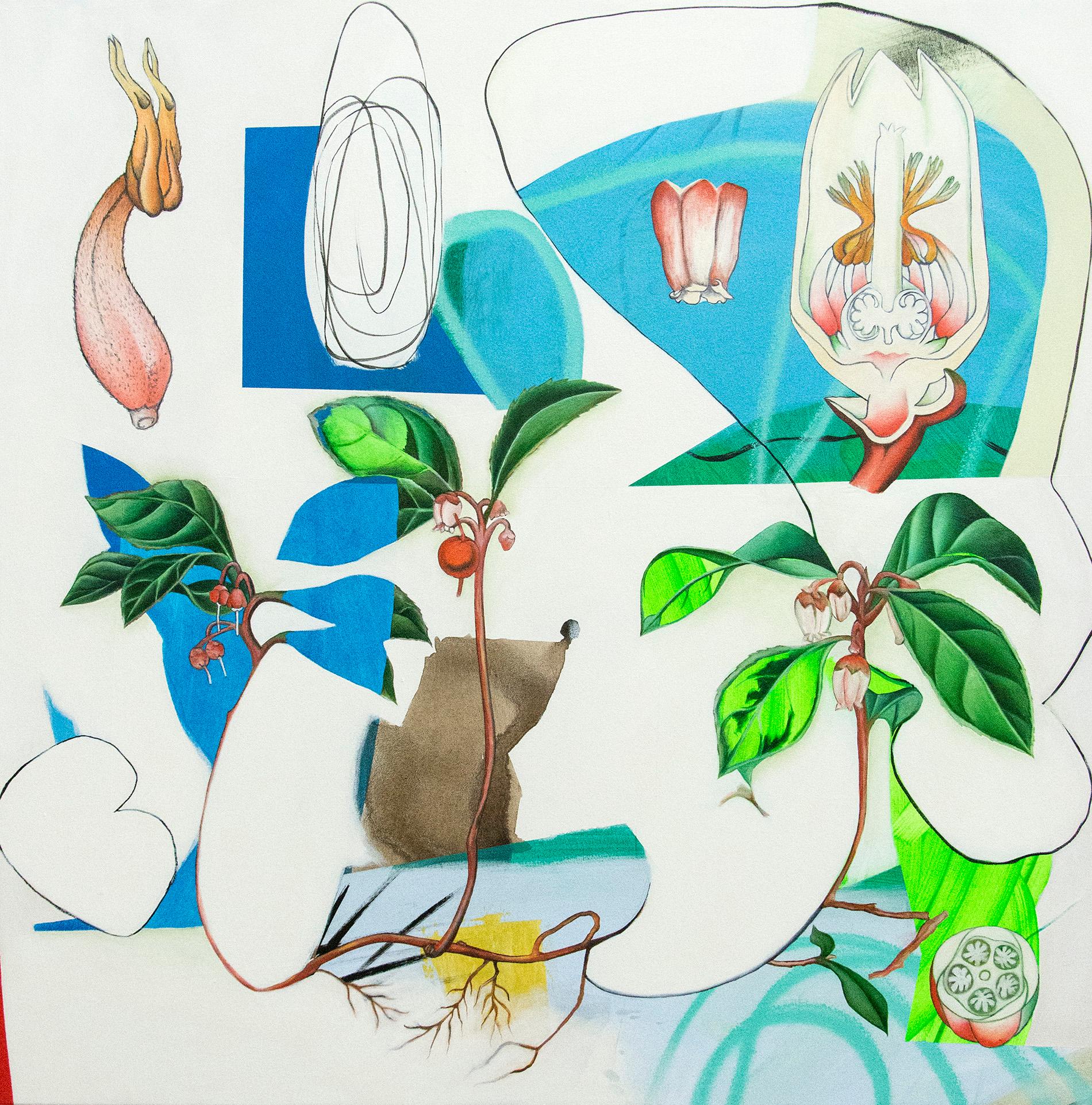 Fiona Ackerman Still-Life Painting - Trientalis- lively, colourful, narrative, abstract botanicals, acrylic on canvas