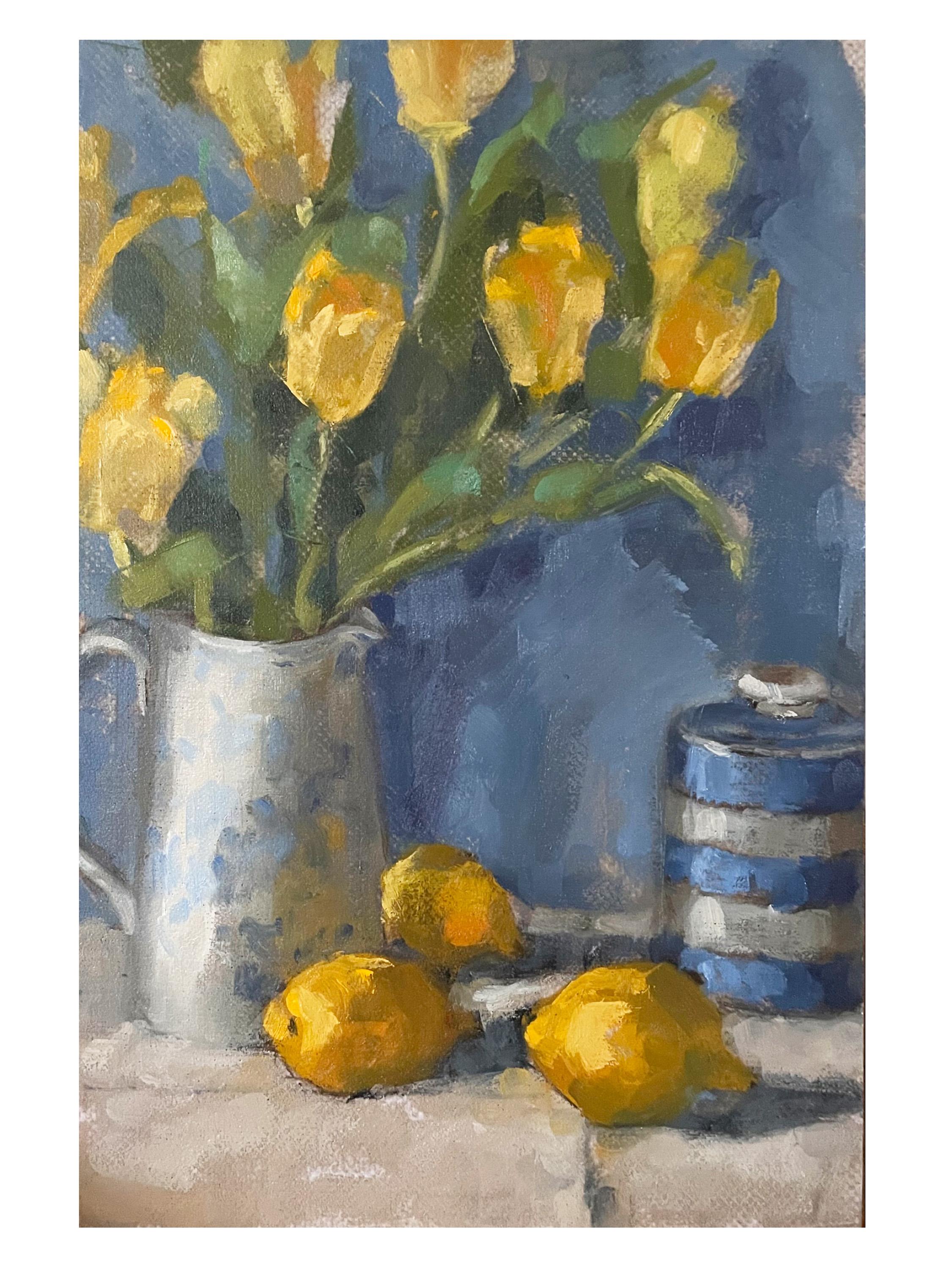 Peinture de nature morte originale de Fiona Carver, tulipes et citrons, art classique