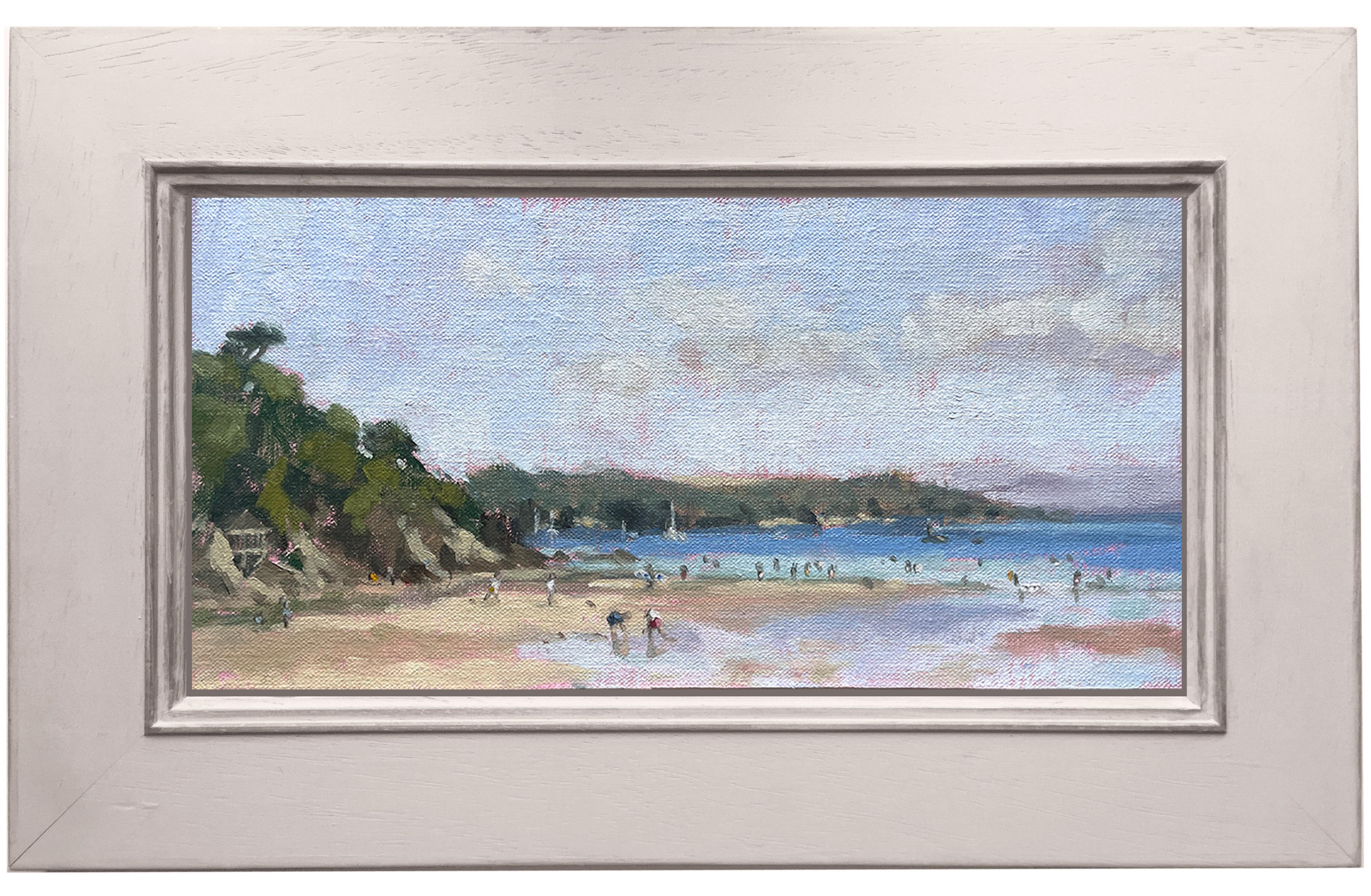 Un óleo original de un día de verano en la playa de North Sands, en Salcombe, Devon. Capta un momento en el tiempo con todos disfrutando del mar y la playa. Pintado sobre un panel de lino y enmarcado en un marco de madera pintada de blanco