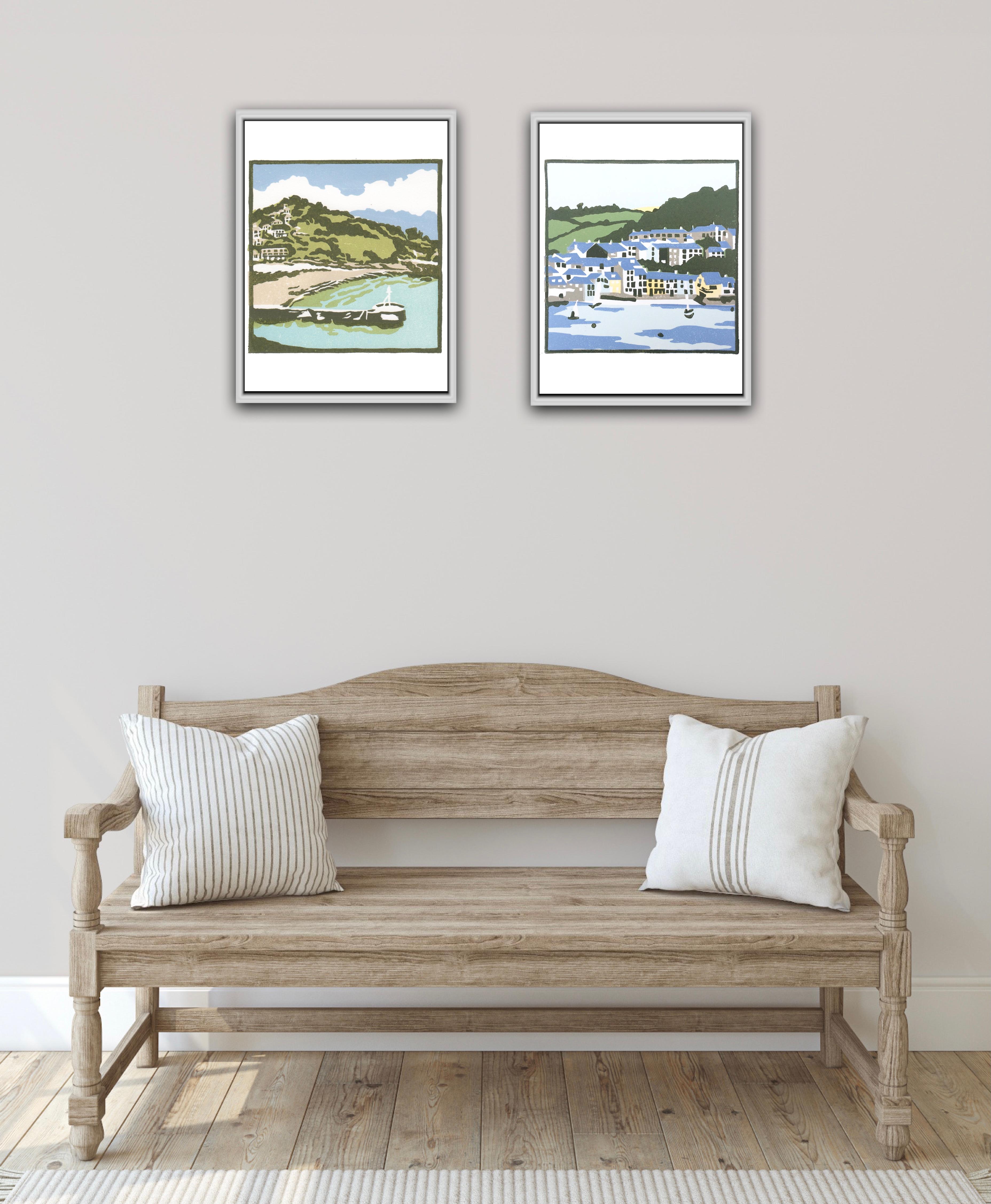 A Bay in Cornwall and A Cornish Village - Gray Landscape Print by Fiona Carver
