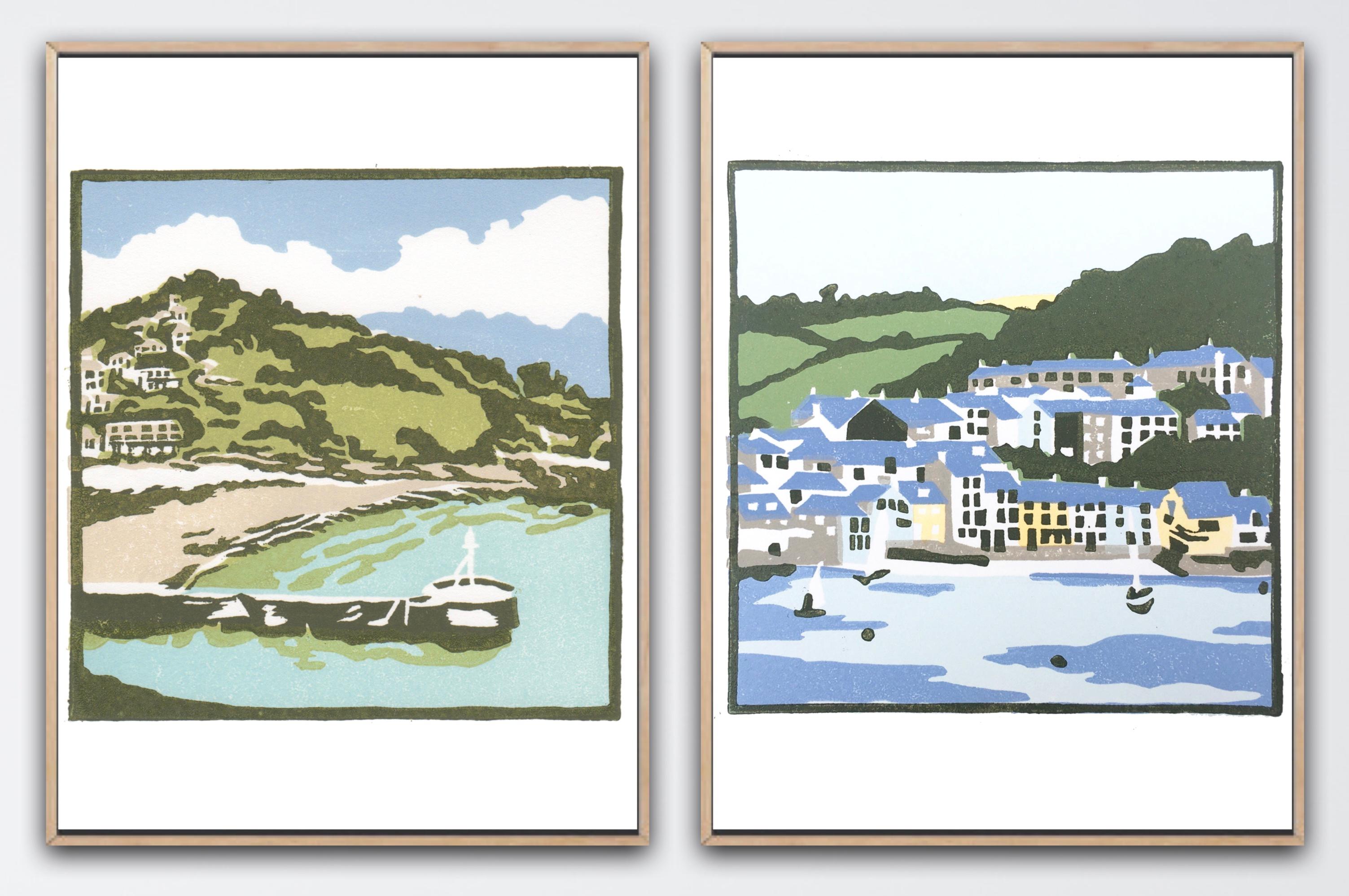 Fiona Carver Landscape Print - A Bay in Cornwall and A Cornish Village