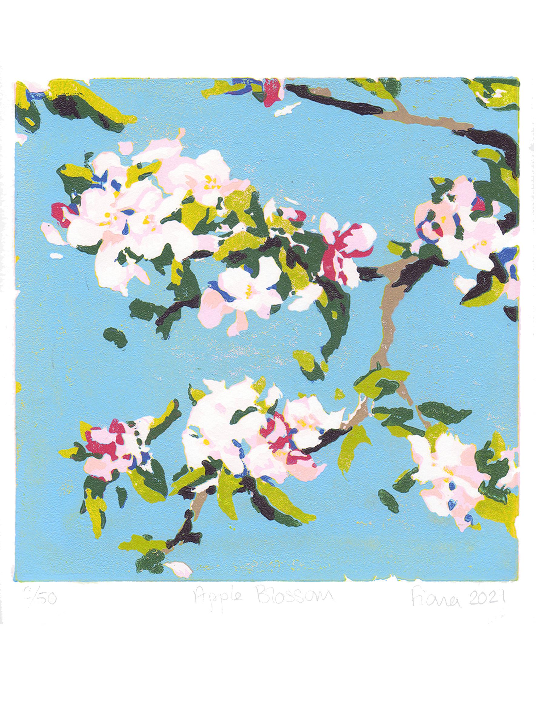 Flor de manzano con linograbado, impresión de Fiona Carver