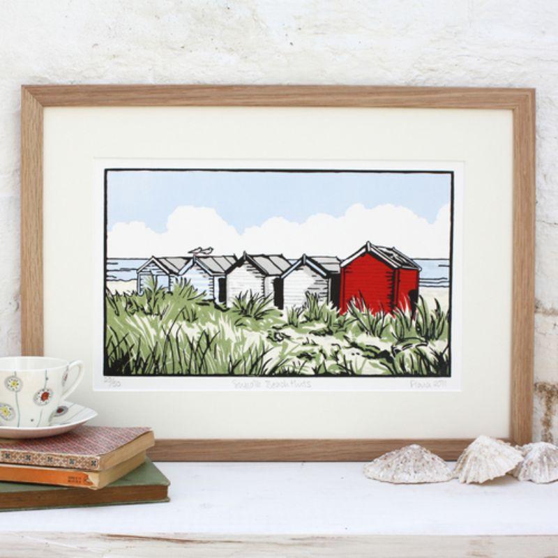 Suffolk Beach Huts, Print by Fiona Carver For Sale 1