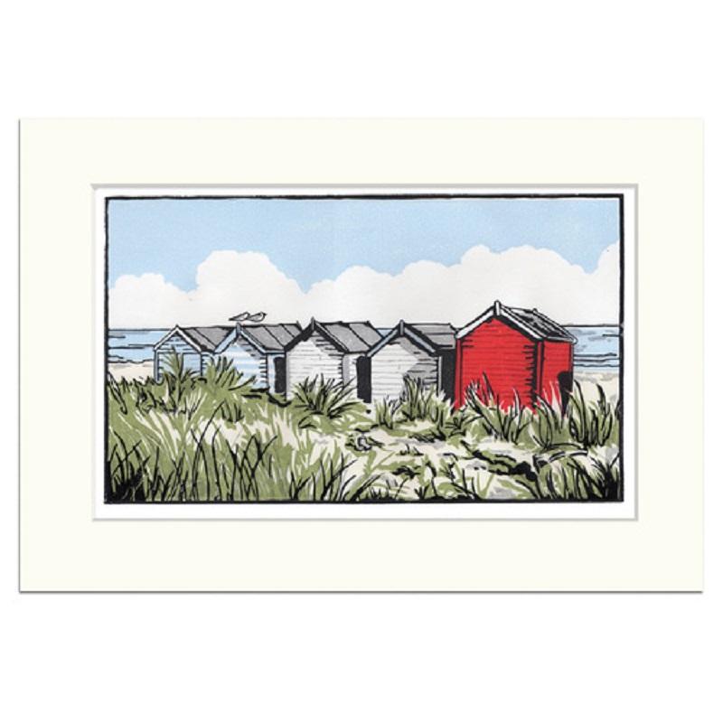 Suffolk Beach Huts, peinture de Fiona Carver
 
Quiconque s'est rendu à Southwold, dans le Suffolk, reconnaîtra cette magnifique rangée de cabines de plage donnant sur la mer. Ils sont nichés au bord des dunes herbeuses dans un décor de bord de mer