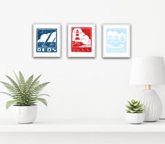 The Lighthouse, Beach Huts and Sailing diptych