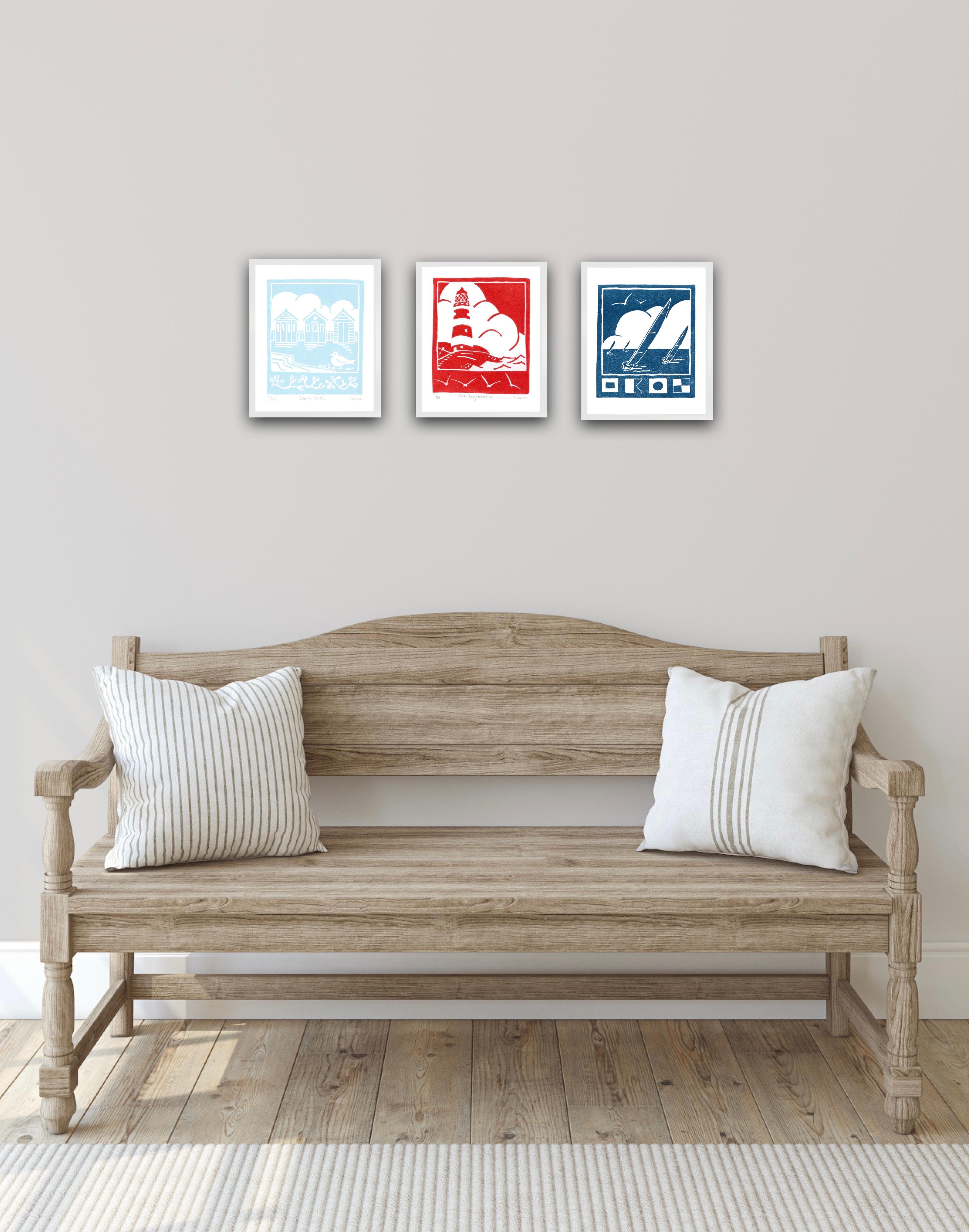 The Lighthouse, Beach Huts and Sailing diptych - Contemporary Print by Fiona Carver