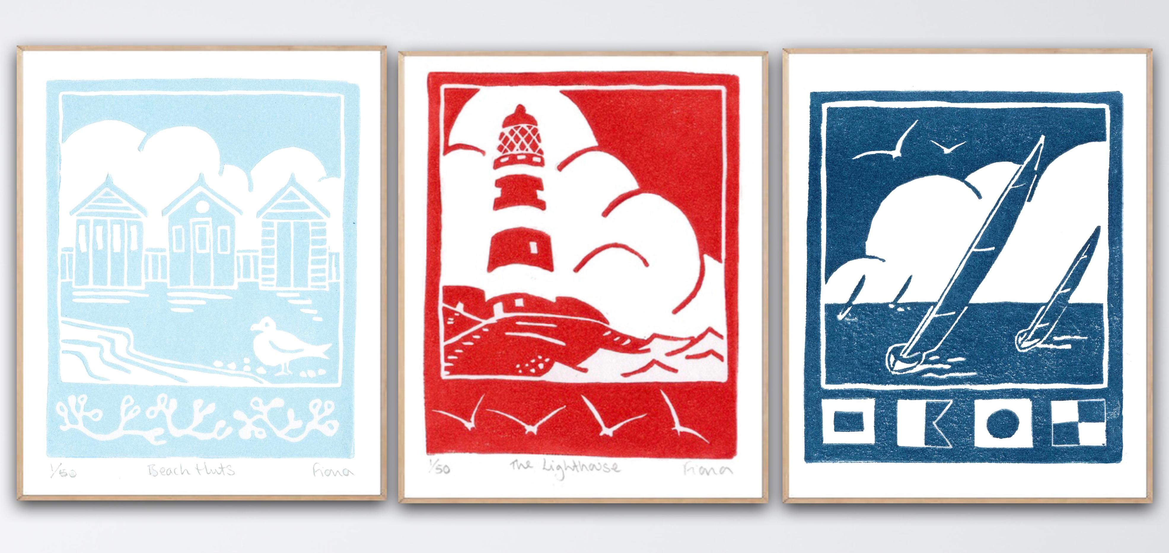 Fiona Carver Figurative Print - The Lighthouse, Beach Huts and Sailing diptych