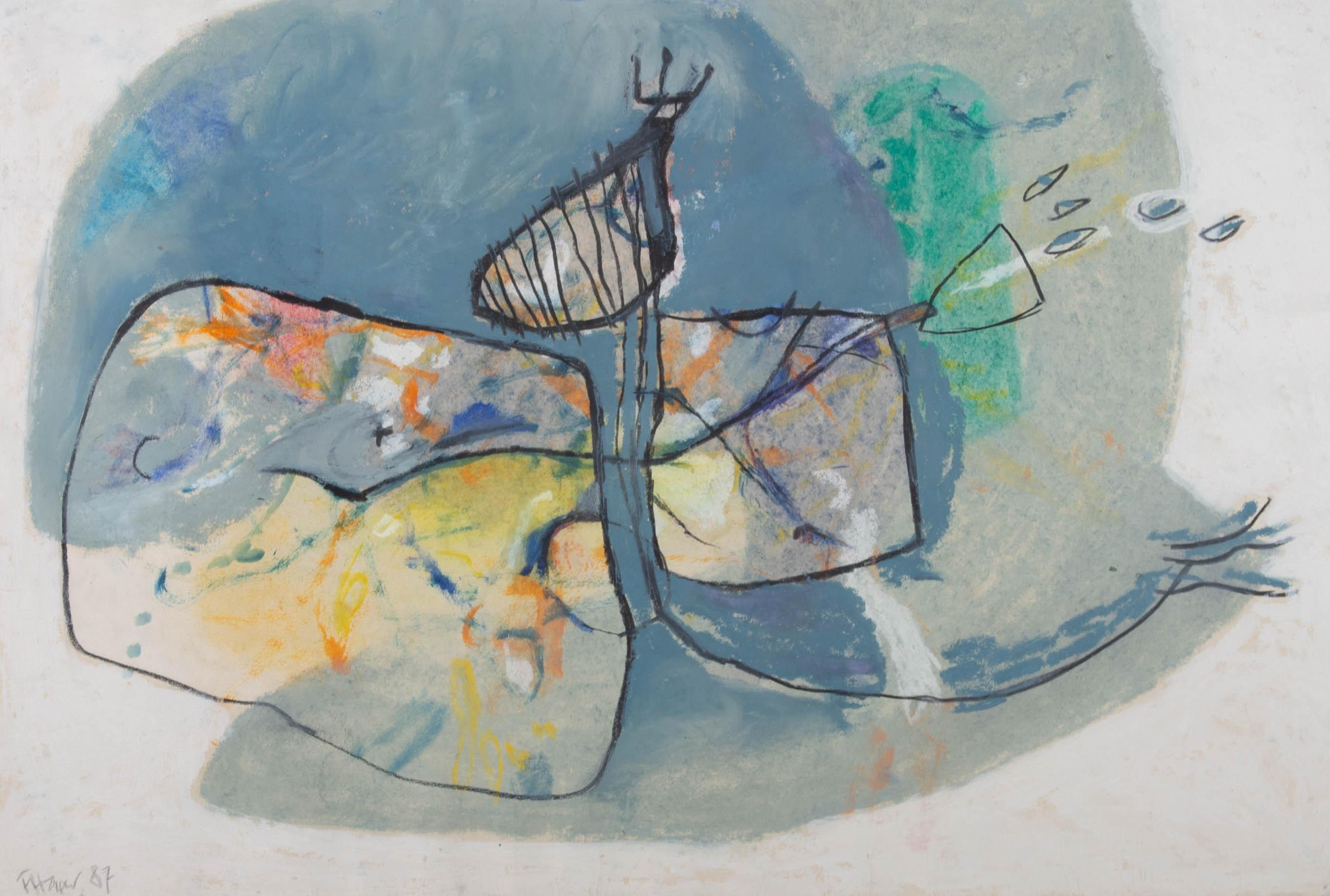 Sweeping organic forms in gouache, wax crayon and charcoal. Signed and dated to the lower left. The deckled edged paper is mounted onto a cream card mount and presented in blue wood frame. On watercolour paper .
