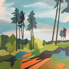 Dawn 3, Fiona Pearce, Graphic Landscape Painting, Bright Bold Tree Painting