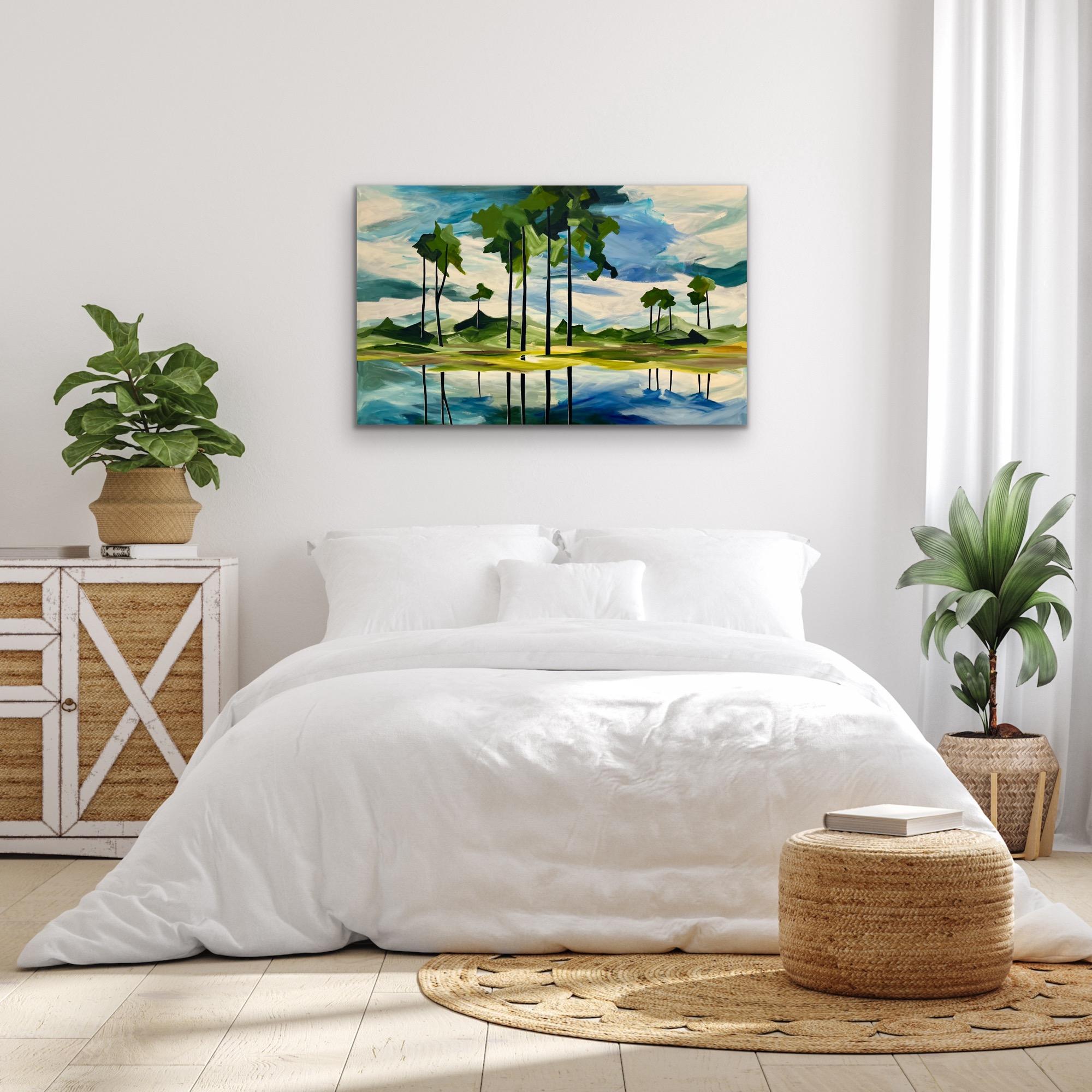 On Reflection, original painting, landscape, woods, trees, nature - Contemporary Painting by Fiona Pearce