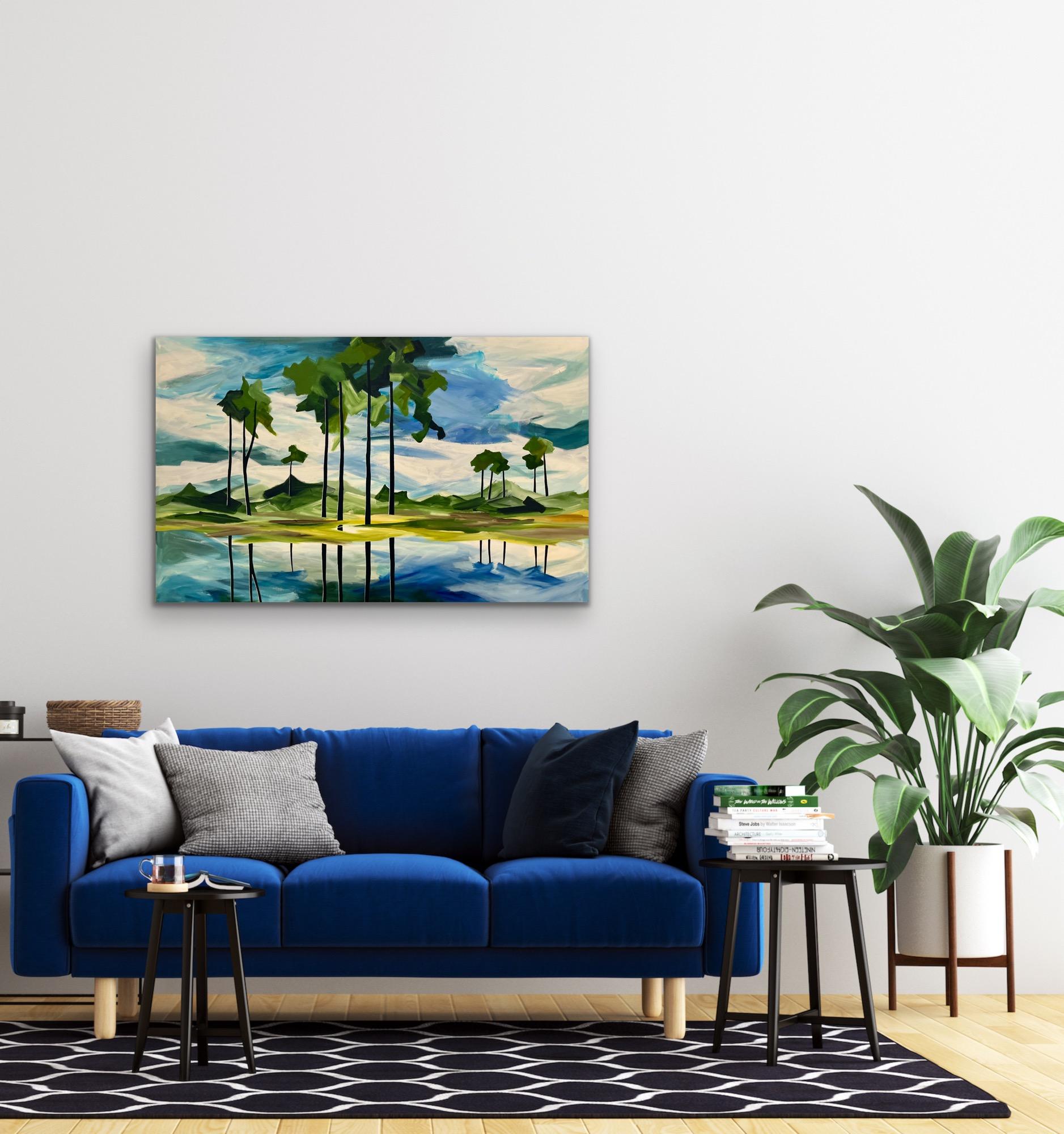 This piece was initially designed on my iPad. Planning the palette and composition was key and then I translated the image on to canvas using a brush and acrylics. Inspired by the local landscape, this piece encapsulates all of the atmosphere of the