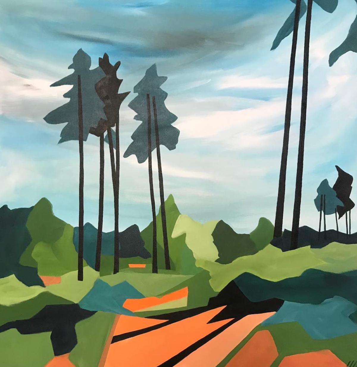 Fiona Pearce Abstract Painting - Sandy Lane, Graphic Landscape Painting, Bourne Woods Painting, Contemporary Art