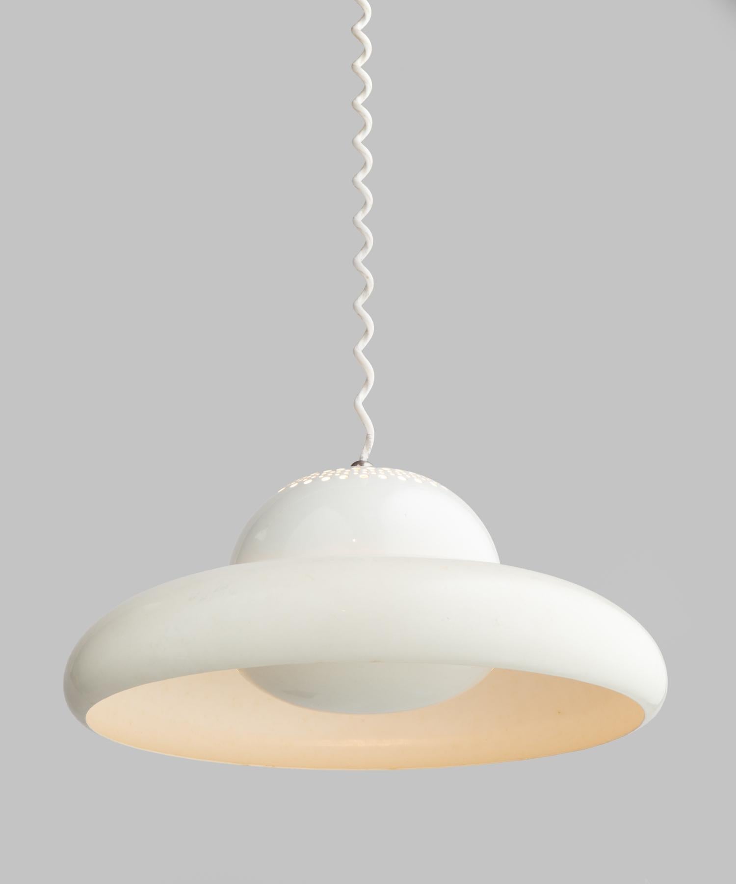 Fior di Loto pendant by Tobia Scarpa, Italy, circa 1963.

Minimal circular form with generous curves and curled wire. Produced by Flos.