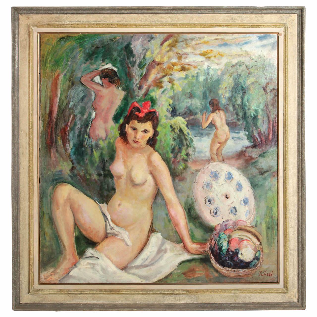 Pintura postimpresionista veneciana Desnudo de las ninfas bañistas Firmado Seibezzi en venta 6