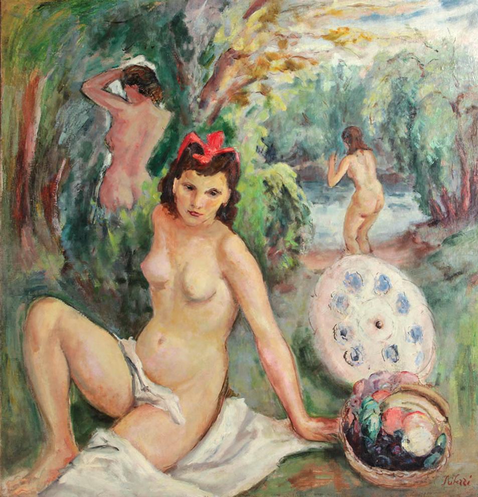  Peinture post-impressionniste vénitienne d'un nu représentant des nymphes se baignant, signée Seibezzi - Painting de Fioravante Seibezzi