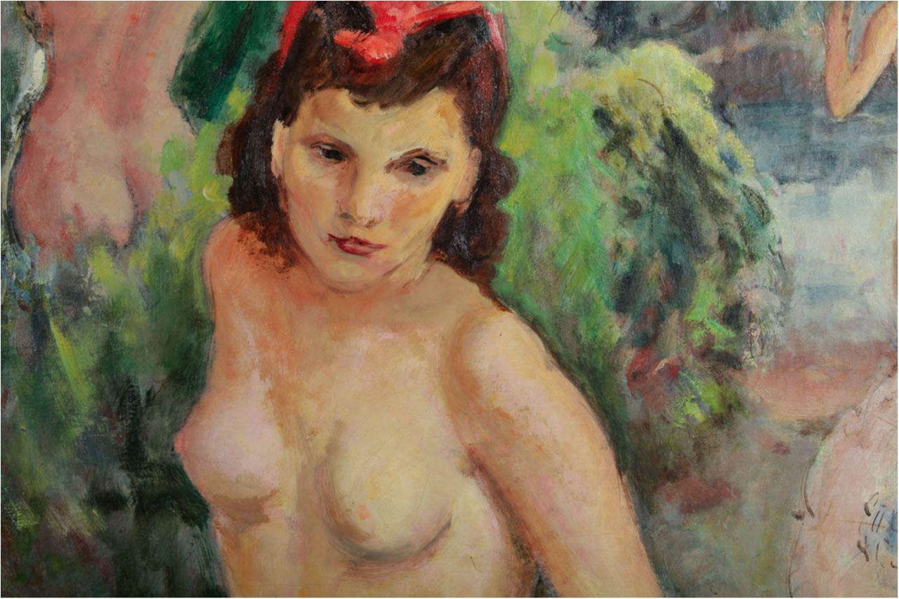  Peinture post-impressionniste vénitienne d'un nu représentant des nymphes se baignant, signée Seibezzi - Marron Nude Painting par Fioravante Seibezzi