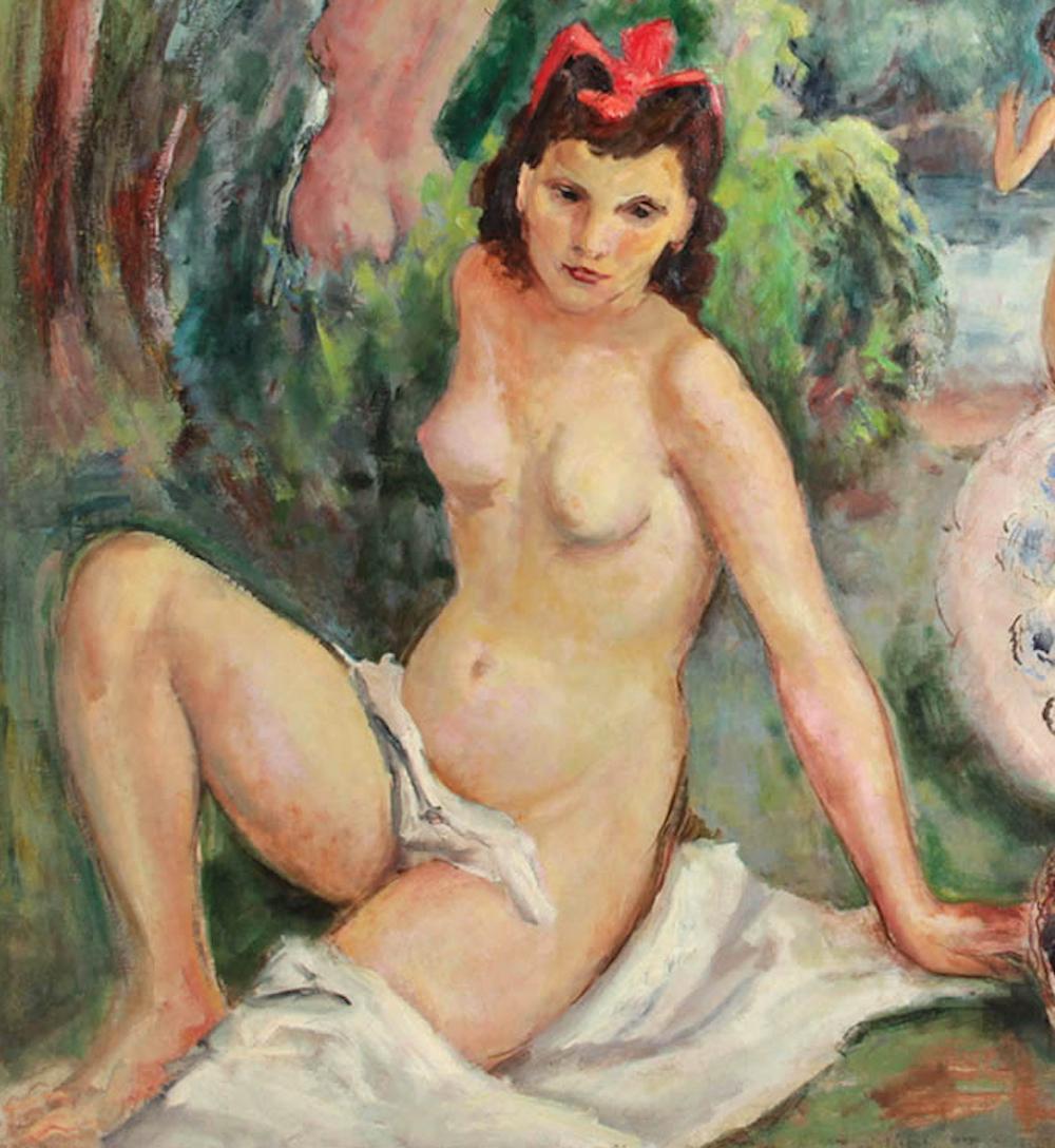 Pintura postimpresionista veneciana Desnudo de las ninfas bañistas Firmado Seibezzi en venta 3