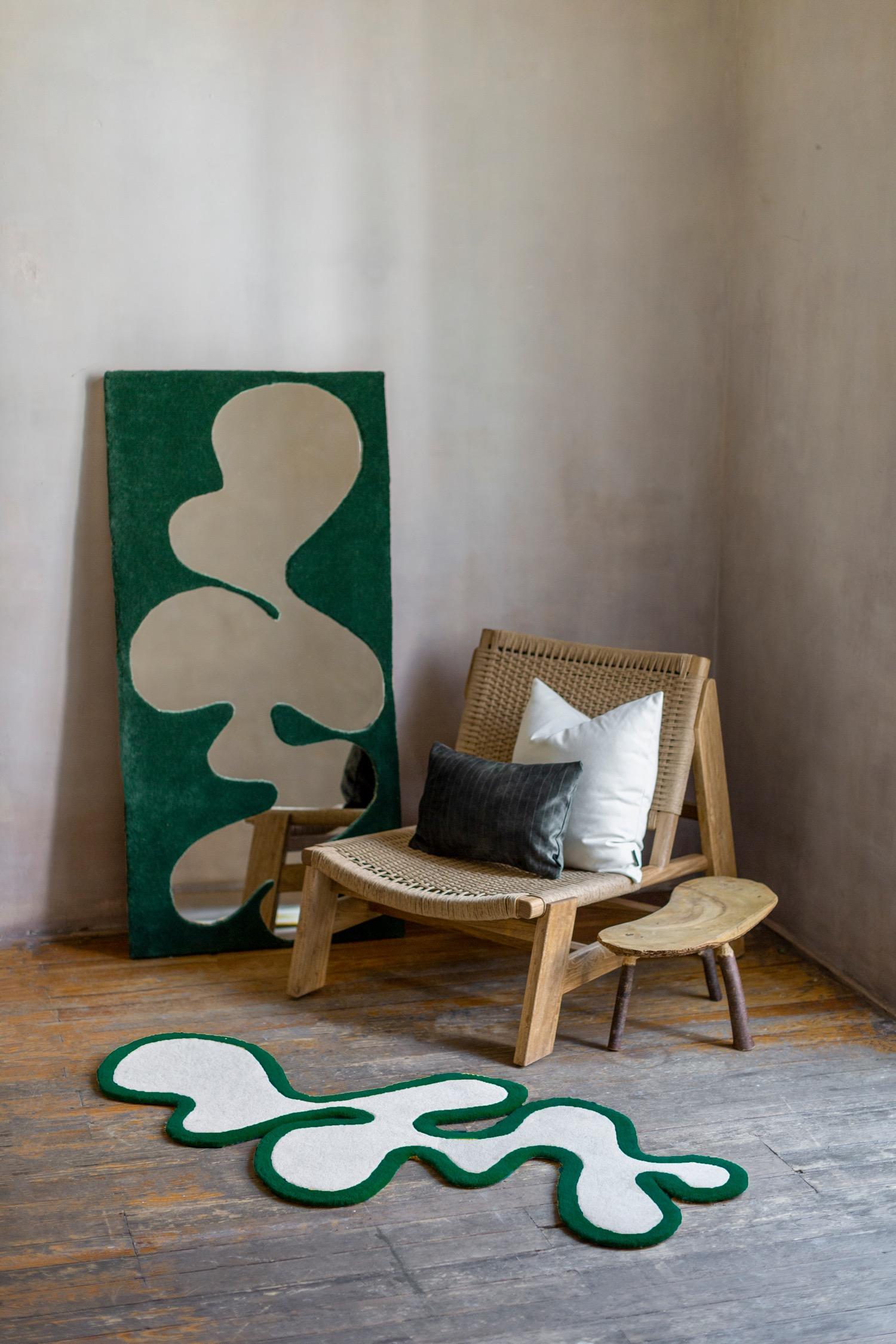 Mexican “Fiordo” Emerald Green Set, Mirror + Rug 100% Wool Frame by Brera Studio