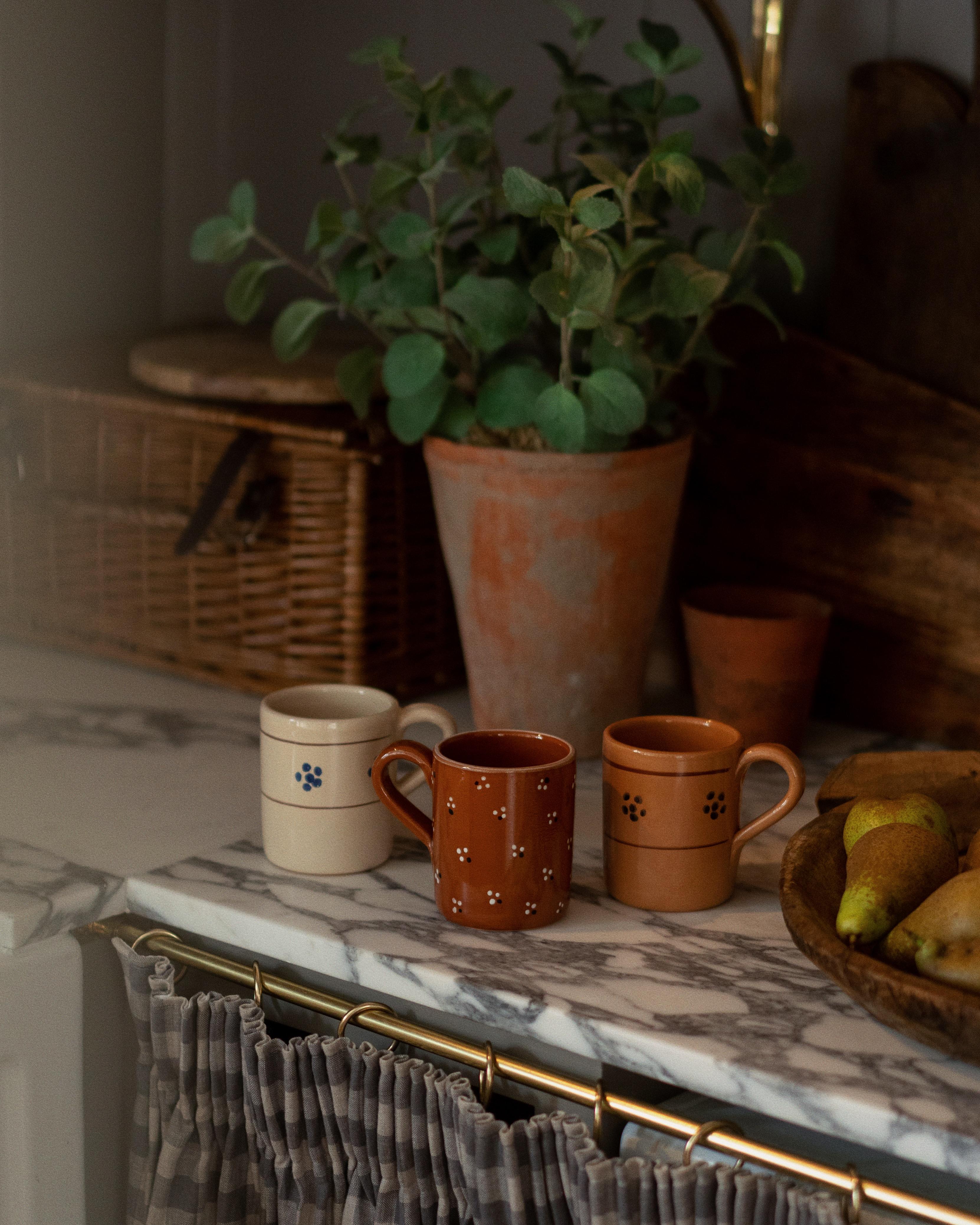 Une collection de table chaleureuse et charmante mettant en scène notre fleur bleue, un motif typique des céramiques du sud de l'Italie. Fabriquée à la main par nos artisans talentueux, la collection complète d'assiettes, de bols, de plateaux, de
