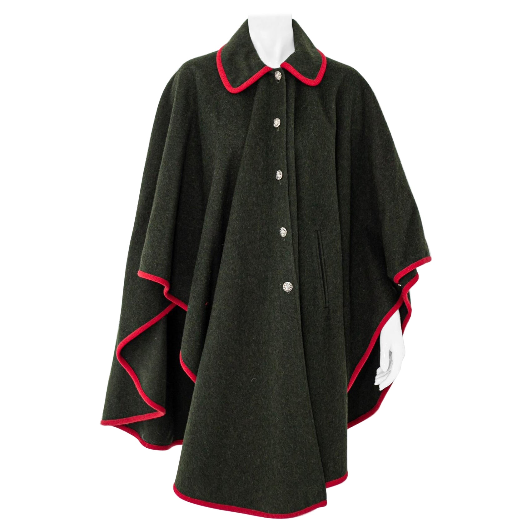 Fiorelle cape vintage en laine verte et profils rouges en vente