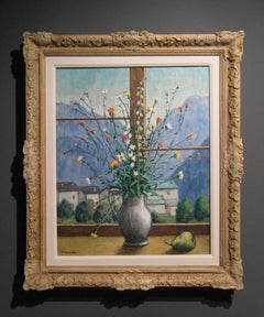 Fiorenzo Tomea "Flowers" 1957, Oil on Canvas Still Life Landscape Windows Modern