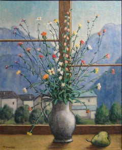 Fiorenzo Tomea "Flowers" 1957, Oil on Canvas Still Life Landscape Windows Modern
