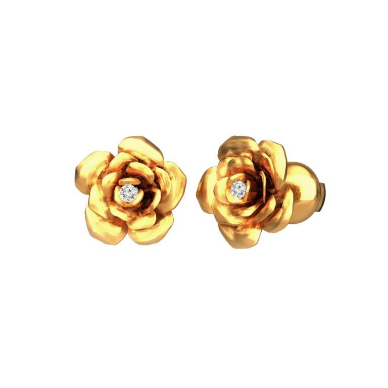 Auf Bestellung gefertigte Ohrringe aus 14 Karat Gelb- oder Weißgold mit Diamanten.

Diese zeitlosen Ohrringe sind mit 2 mm großen Diamanten im Brillantschliff besetzt, die von einer Fassung zwischen den Blütenblättern der Rose gehalten werden und