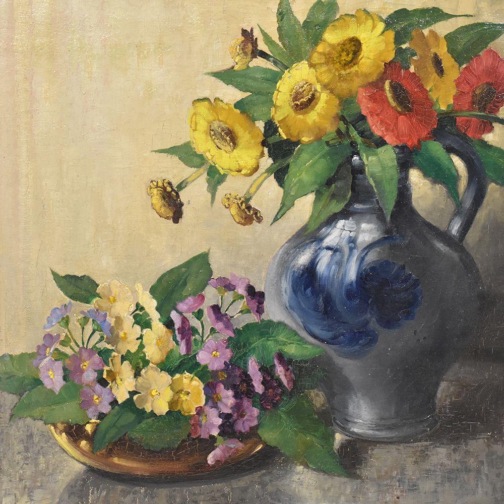 The paintings with Flowers Bouquet of Red and Yellow Gerberas, proposed here is a painting 
oil on canvas from the first half of the twentieth century.

Note that the carved and lacquered wooden frame called Montparnasse is original and