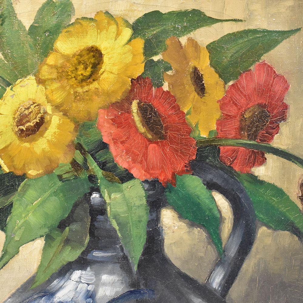 Oiled Art Deco Flowers, Bouquet Of Gerberas, Oil On Canvas, Old Master Paintings, Still Life. For Sale