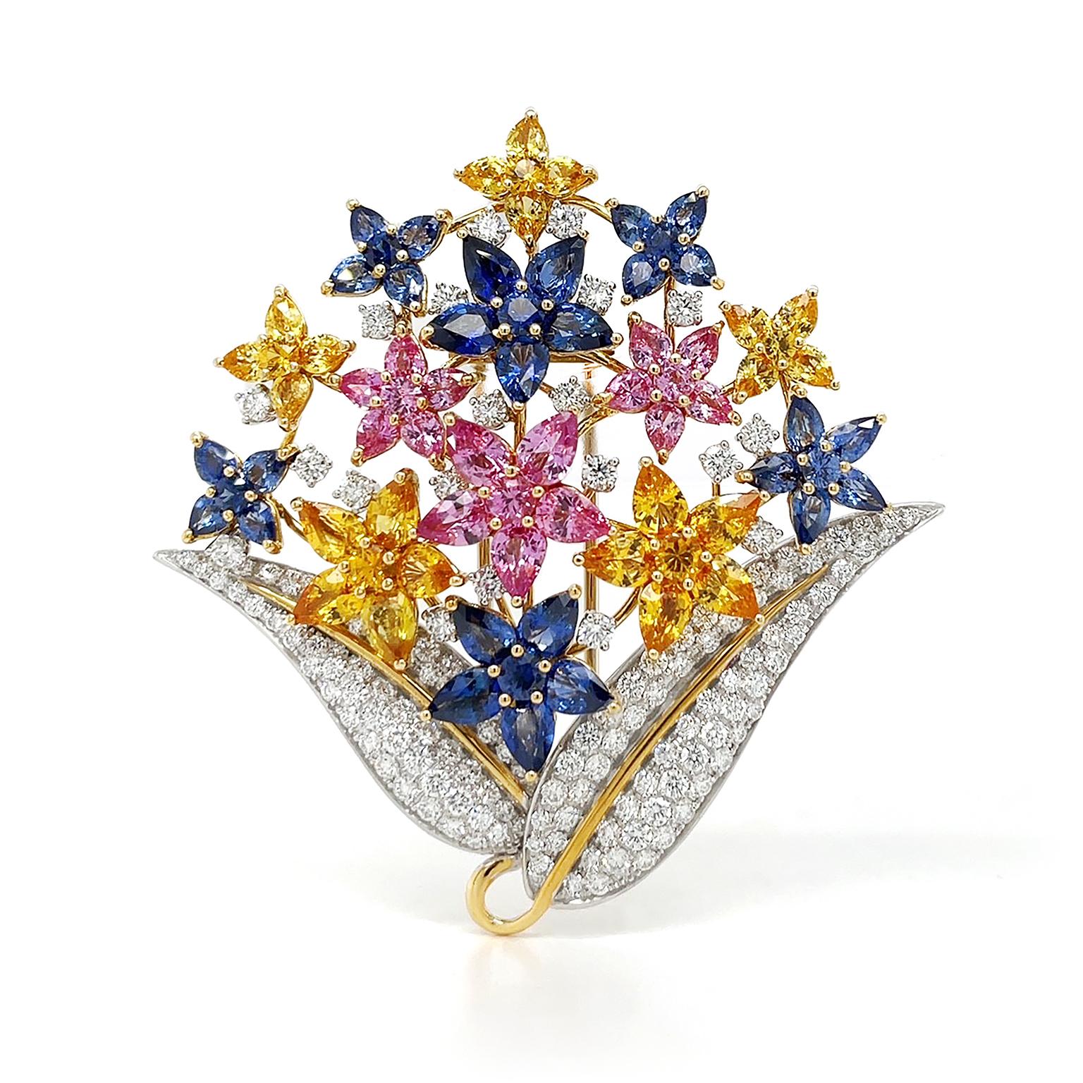 Blue, Pink and Yellow Sapphire Flower Brooch 18K Yellow Gold with Diamonds In New Condition For Sale In New York, NY