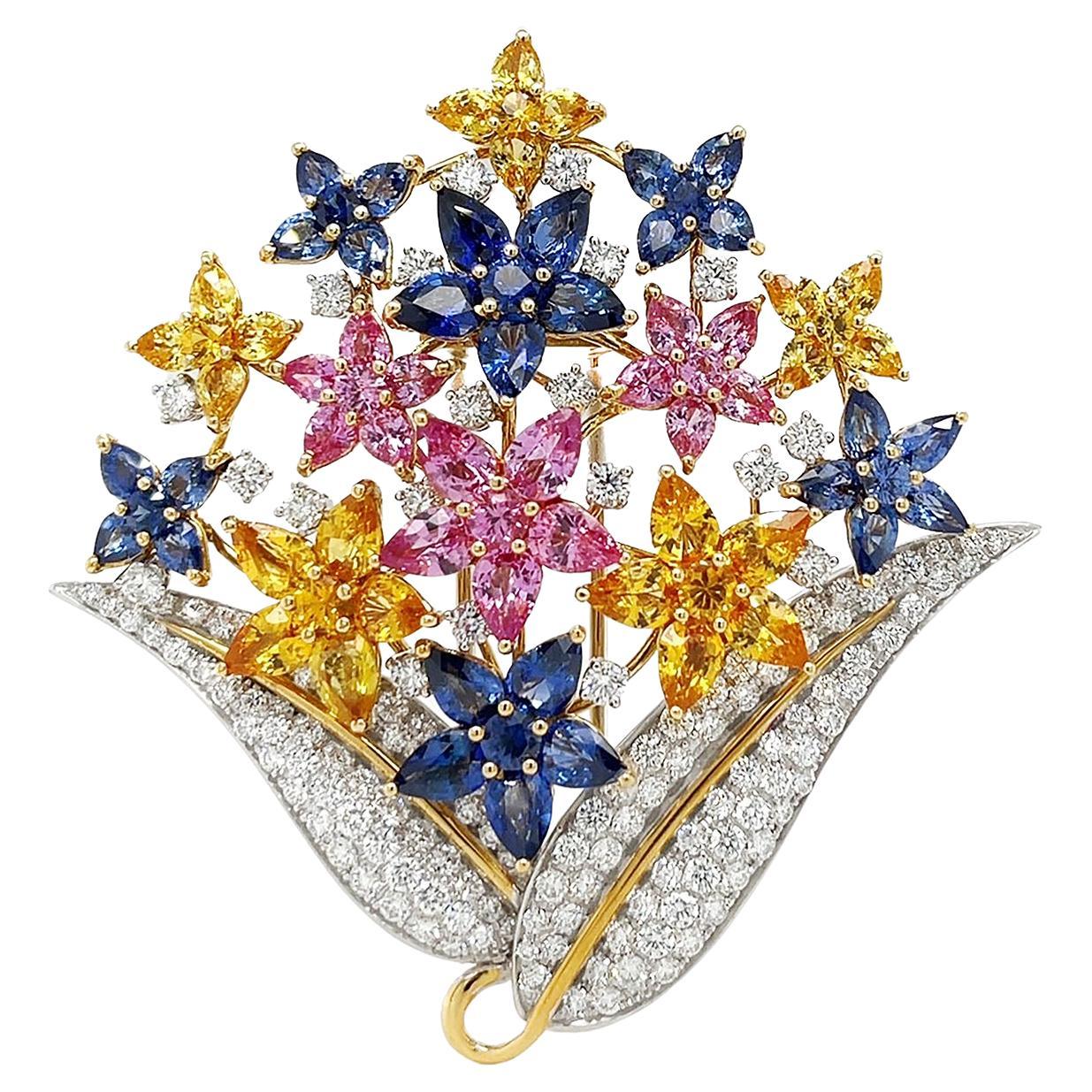 Blue, Pink and Yellow Sapphire Flower Brooch 18K Yellow Gold with Diamonds For Sale