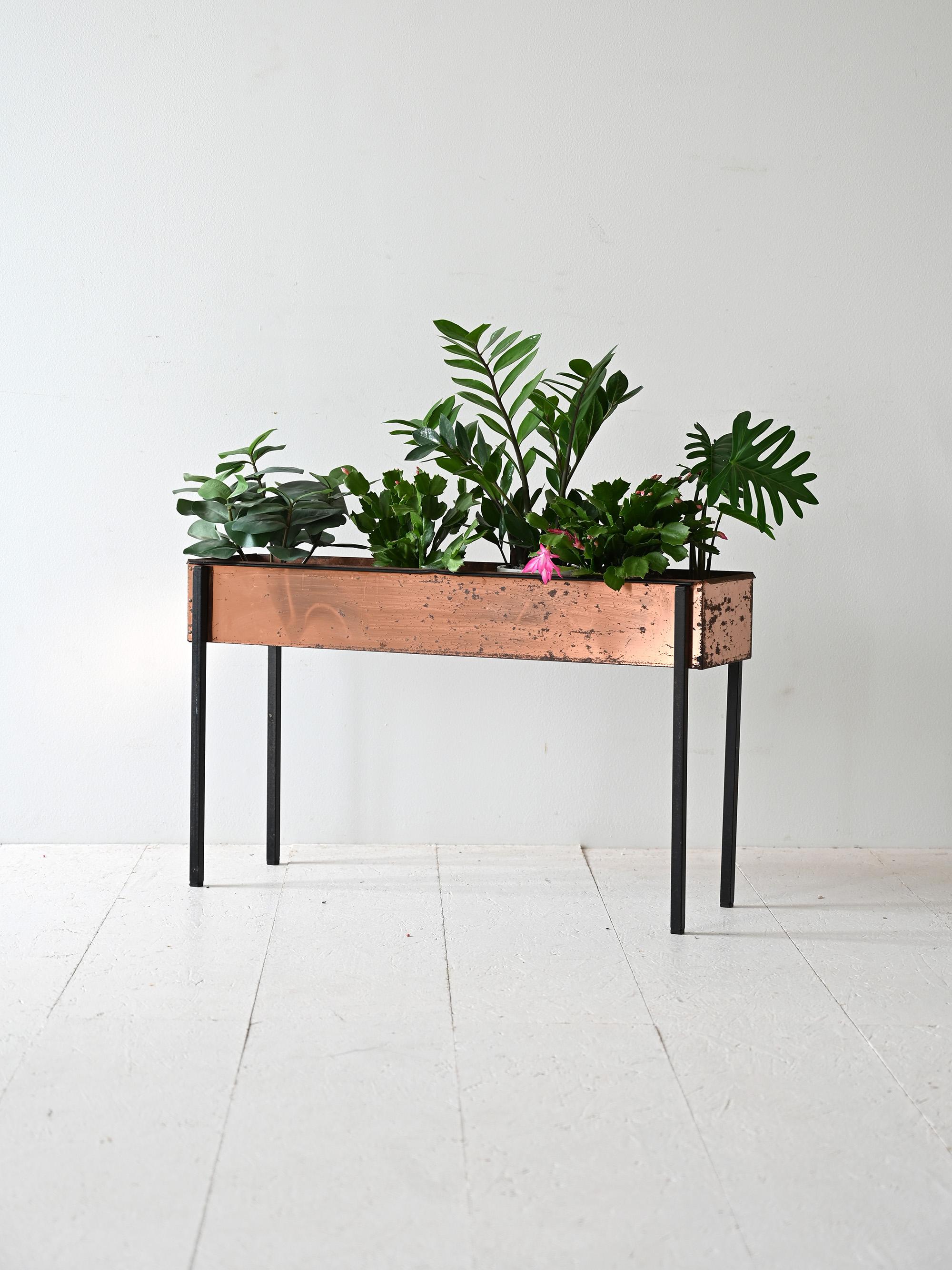 Elegante fioriera vintage anni '60 in rame con base in metallo nero. 

La struttura rettangolare in rame è sostenuta da gambe in metallo nero, sottili e lineari, che conferiscono leggerezza e stabilità. Perfetta per chi cerca un oggetto decorativo